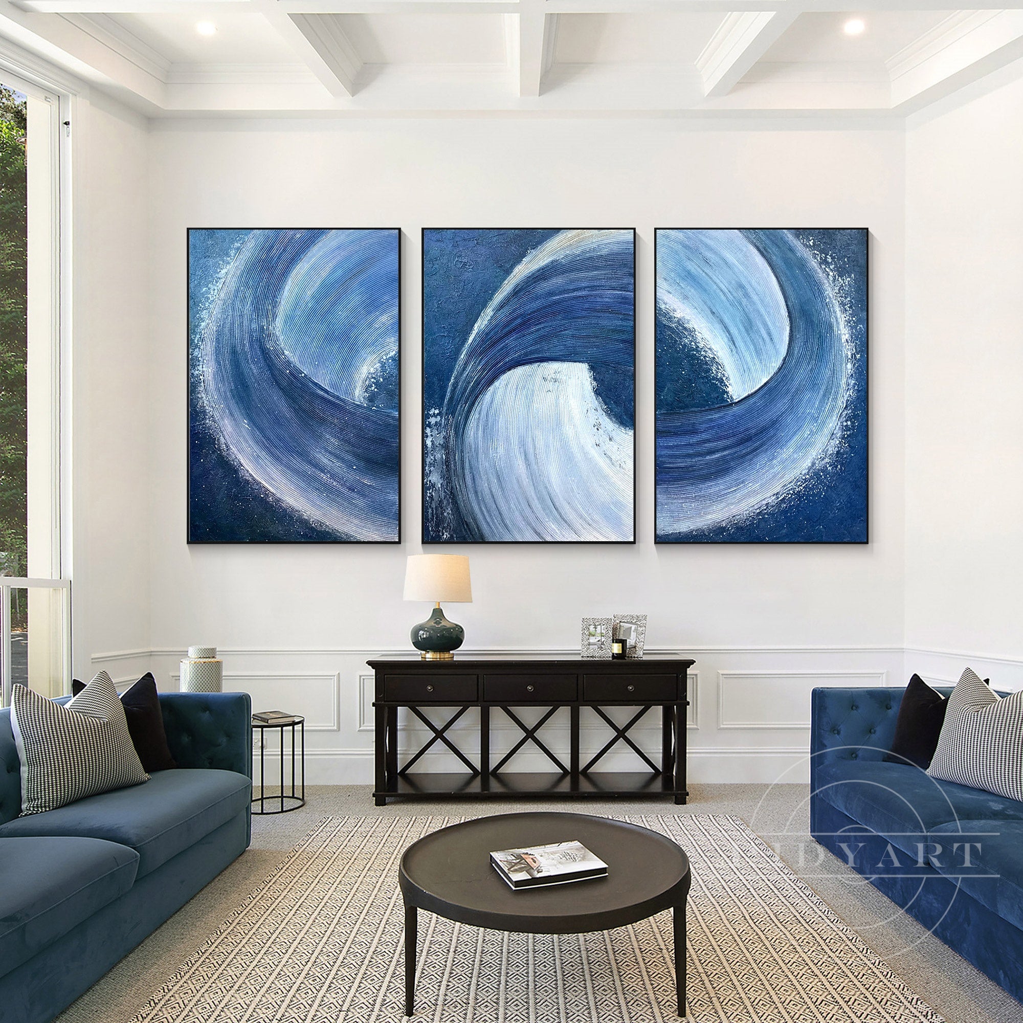 Navy blue abstract triptych textured canvas wall art for living room