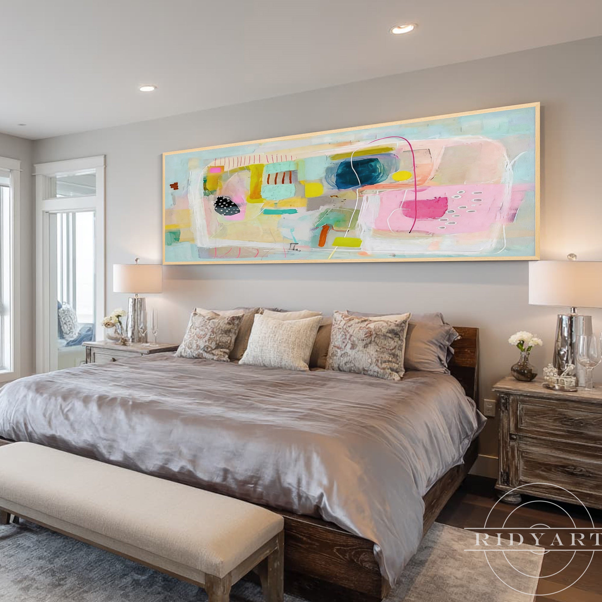 Minimalist panoramic artwork blending blush pink, aqua blue, cream, and yellow tones.