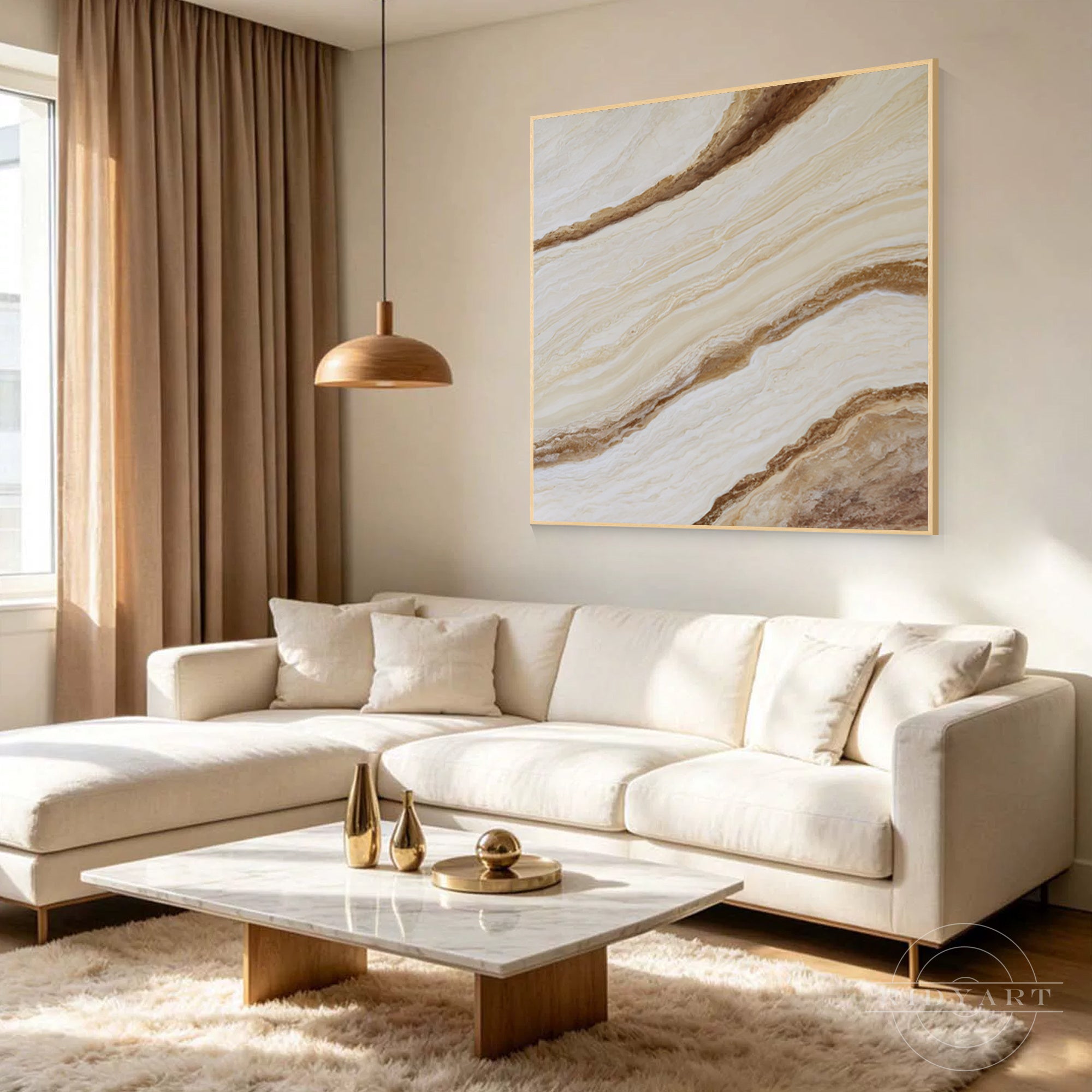 Close-up view of soft warm neutral tones of cream and tan with fine swirling marble layers on a square gallery canvas.