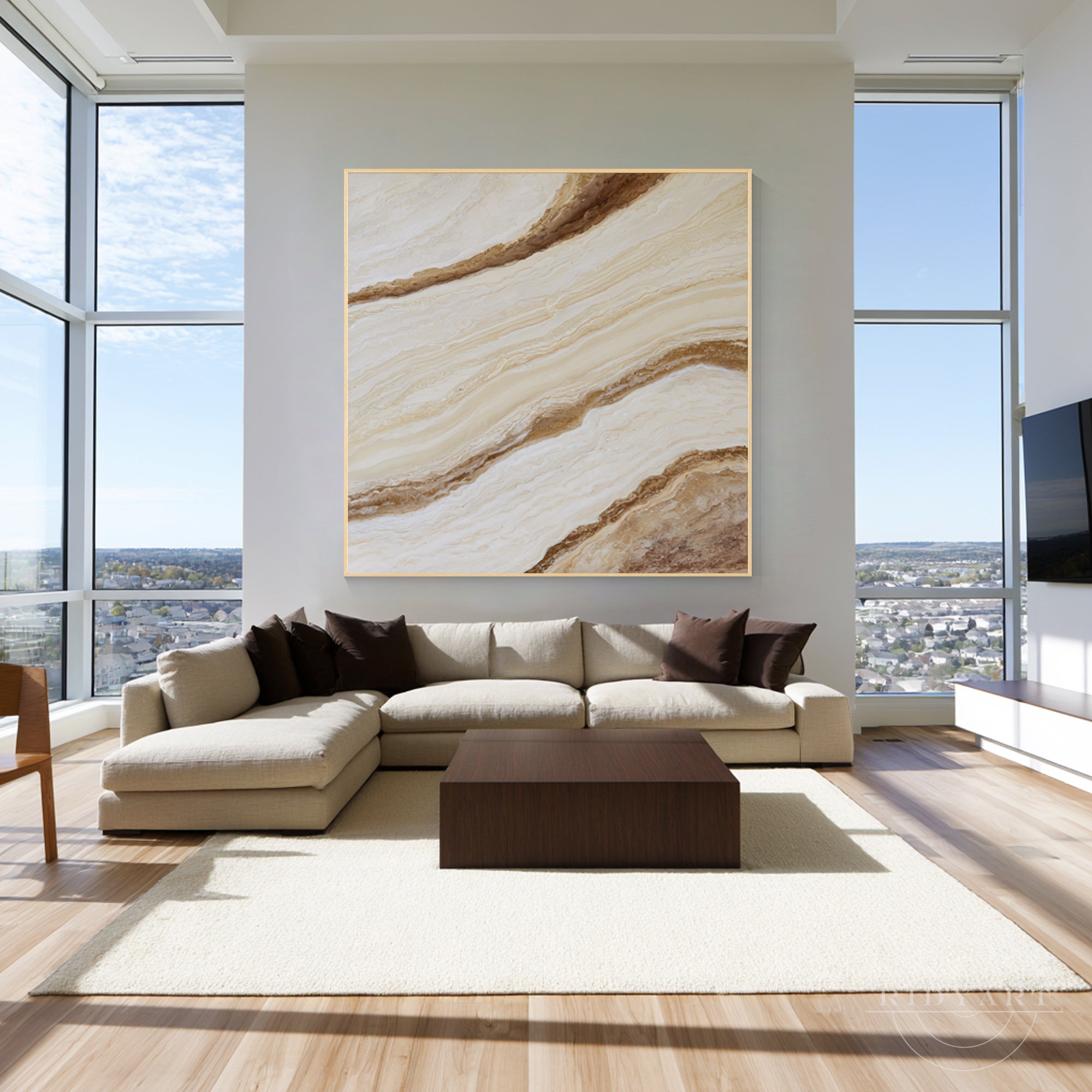 Square framed marble wall decor print, featuring light neutral color scheme and geometric stone-inspired abstract design.