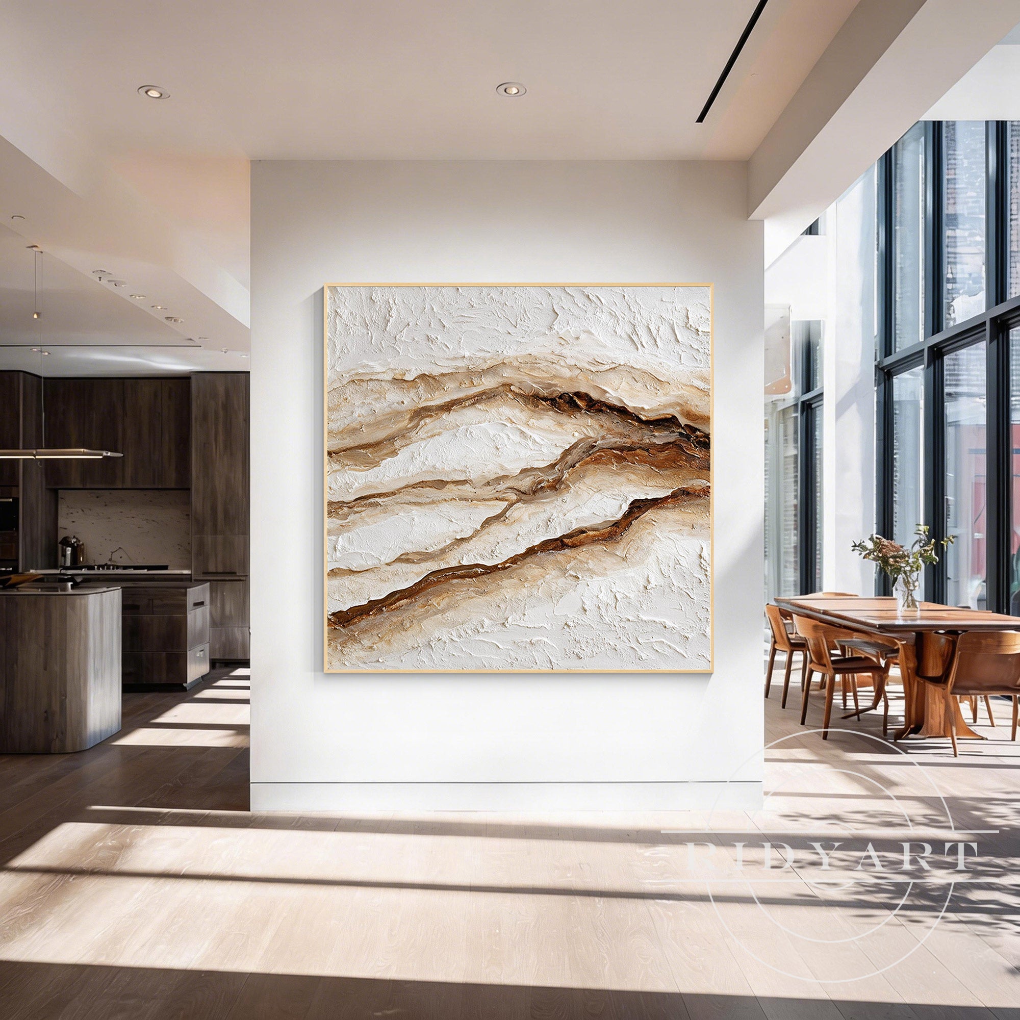 A large-scale contemporary abstract art piece in neutral colors. Perfect for a Scandinavian, Japandi, or Boho living room aesthetic.