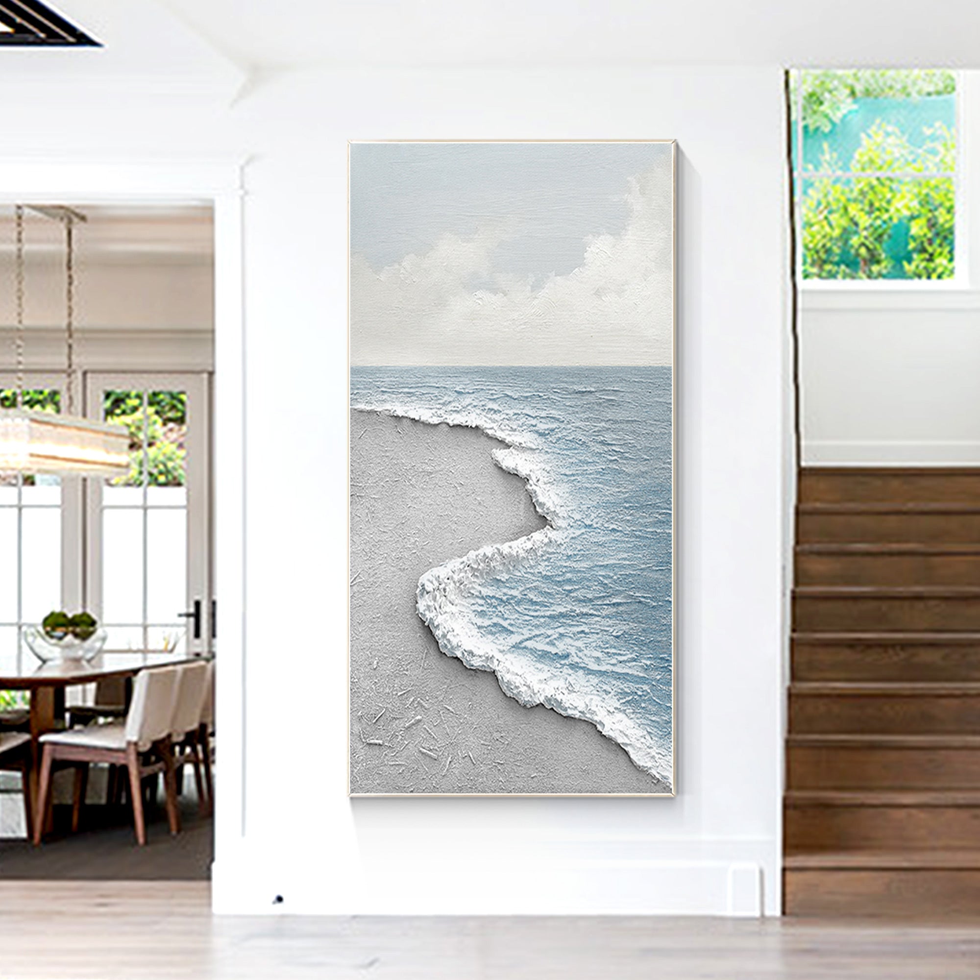 Light blue and white textured beach scene canvas