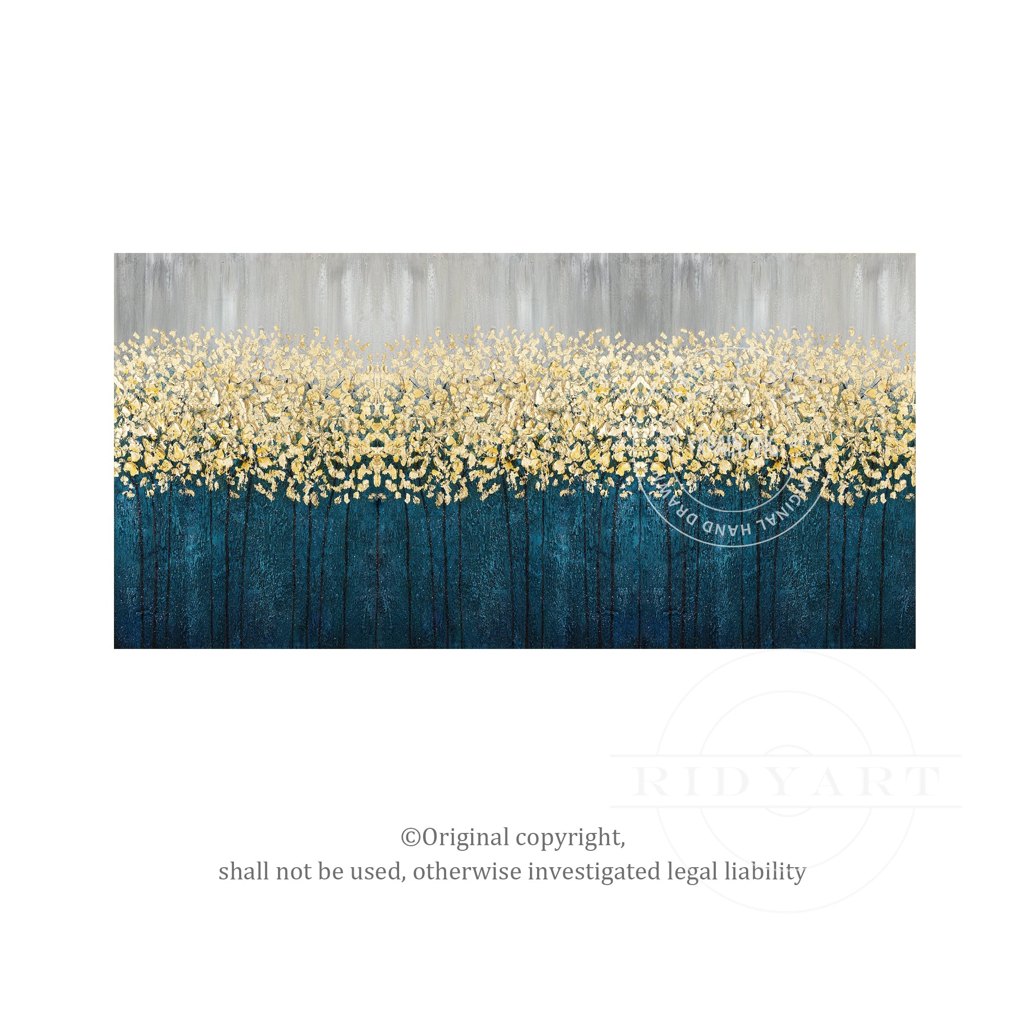 Abstraktes Gemälde mit goldenen Blumen – 3D-Wandbild in Blaugrün