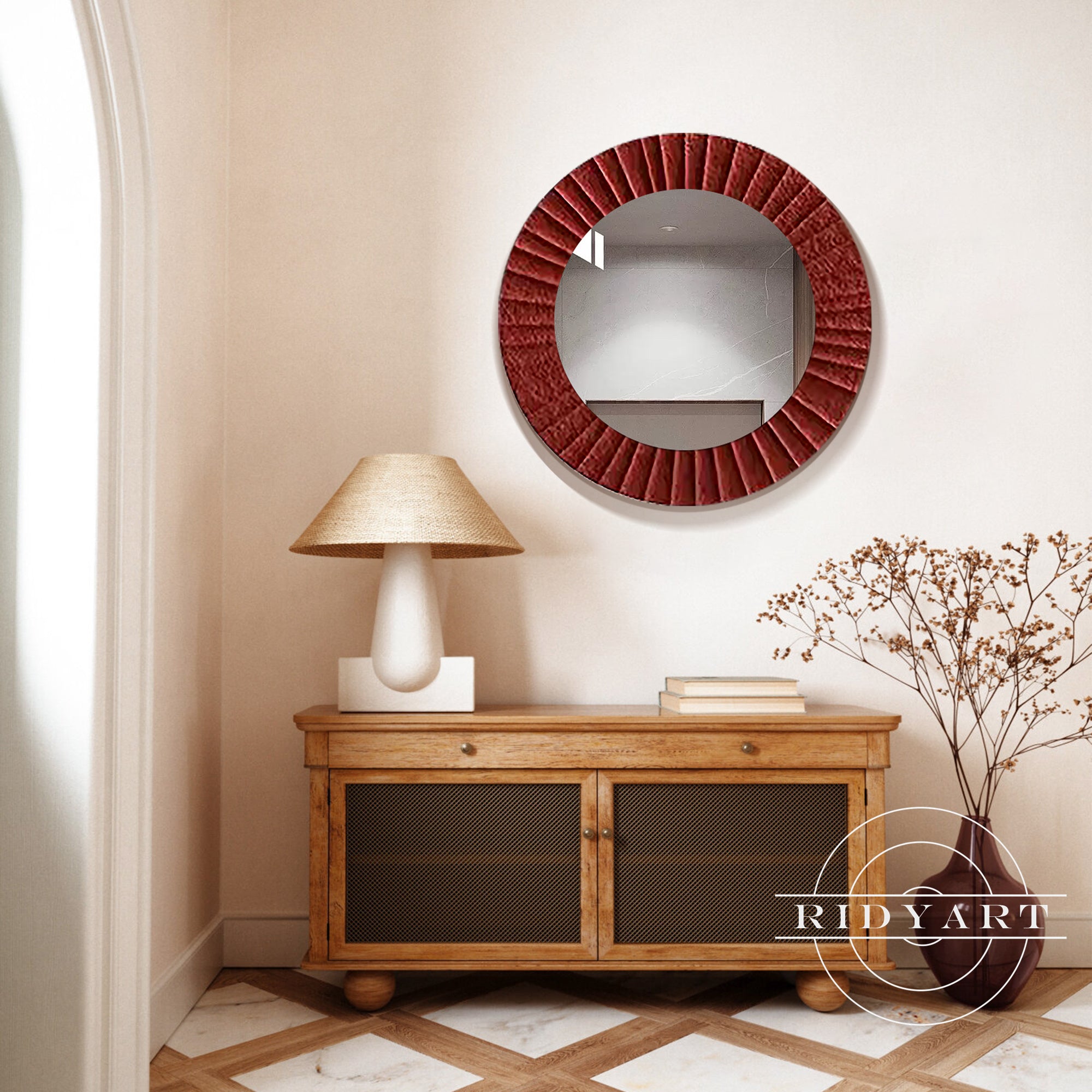 Reddish wood wall art mirror for modern rustic interiors