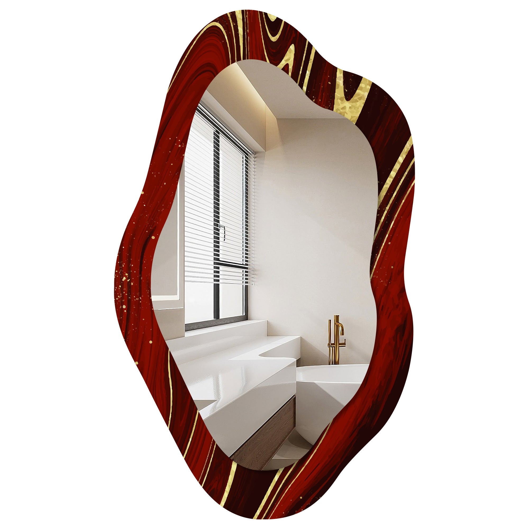 Asymmetrical wall mirror with reddish gold marbled design