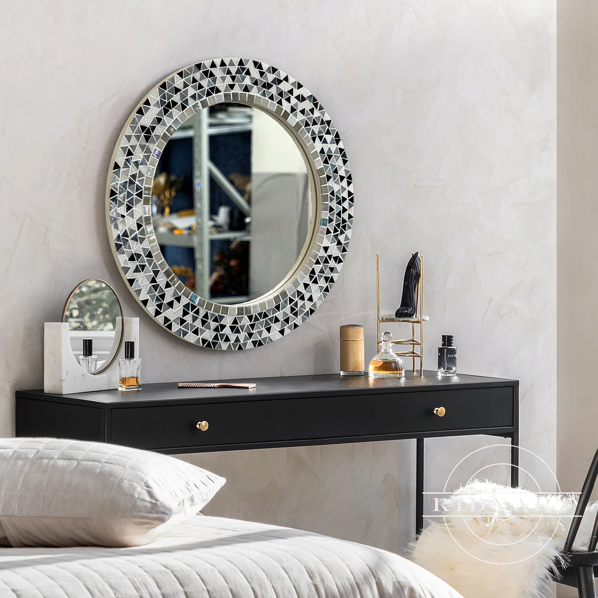 Asymmetrical gray and black mirror for modern living room decor