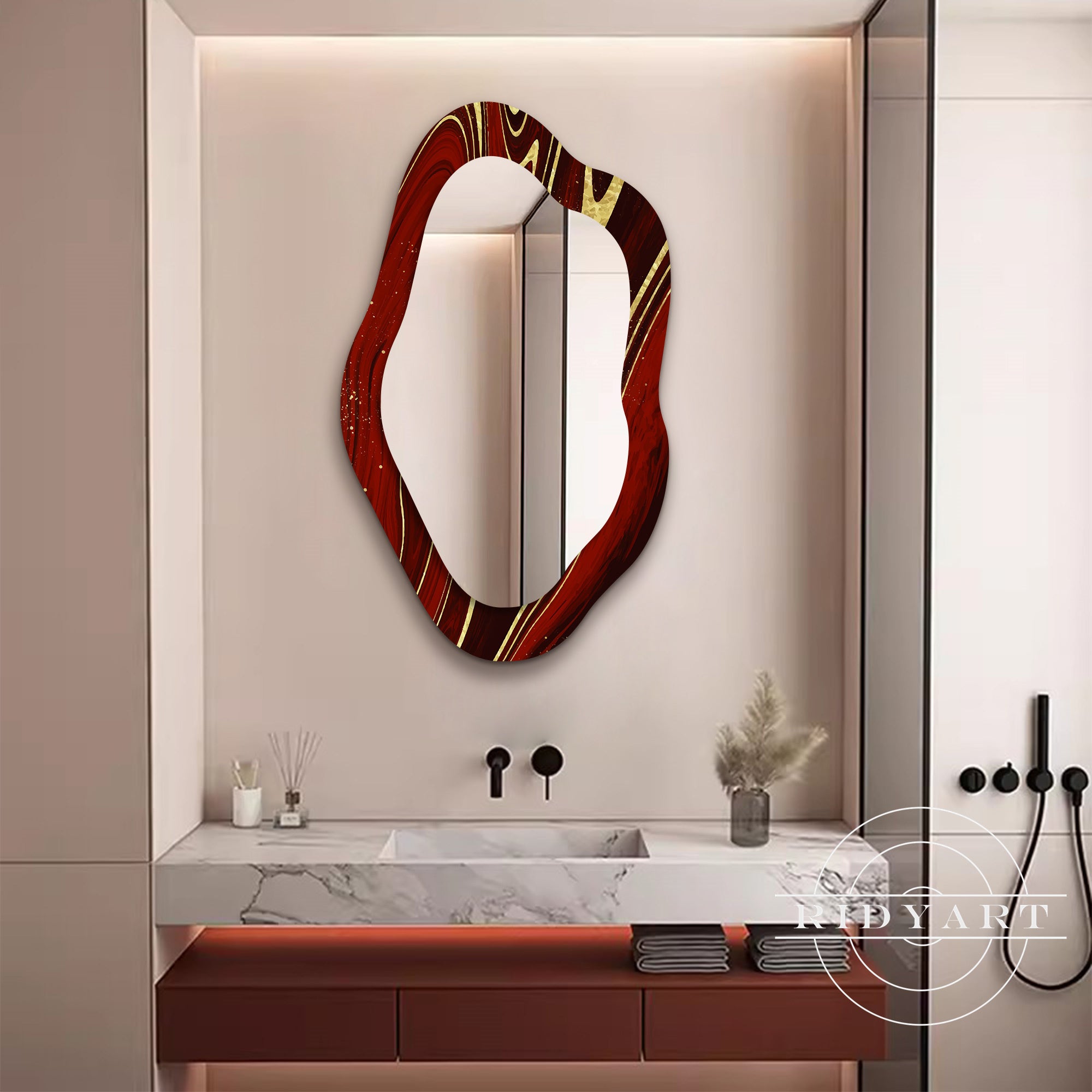Solid glass wall mirror with asymmetrical abstract shape