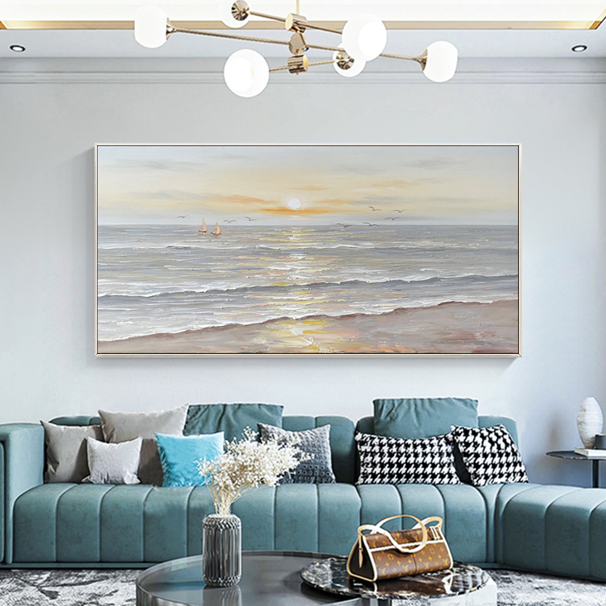 Coastal beach sunset landscape textured painting on canvas with warm colors.
