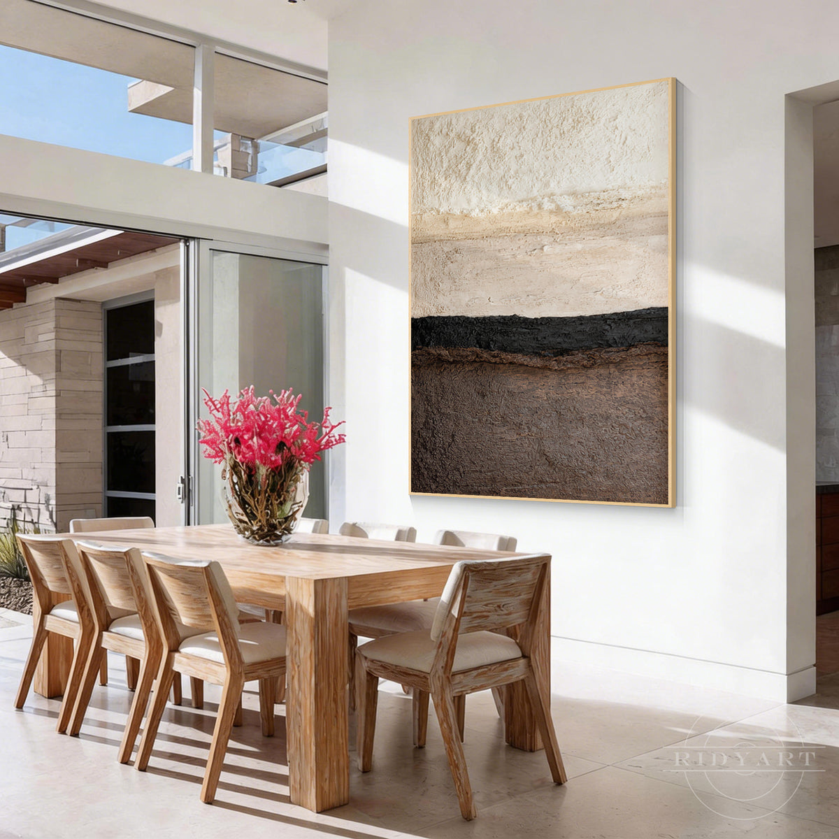 Neutral tone abstract wall art with layered cream white, black, and dark brown textured blocks in a lightweight wood frame.