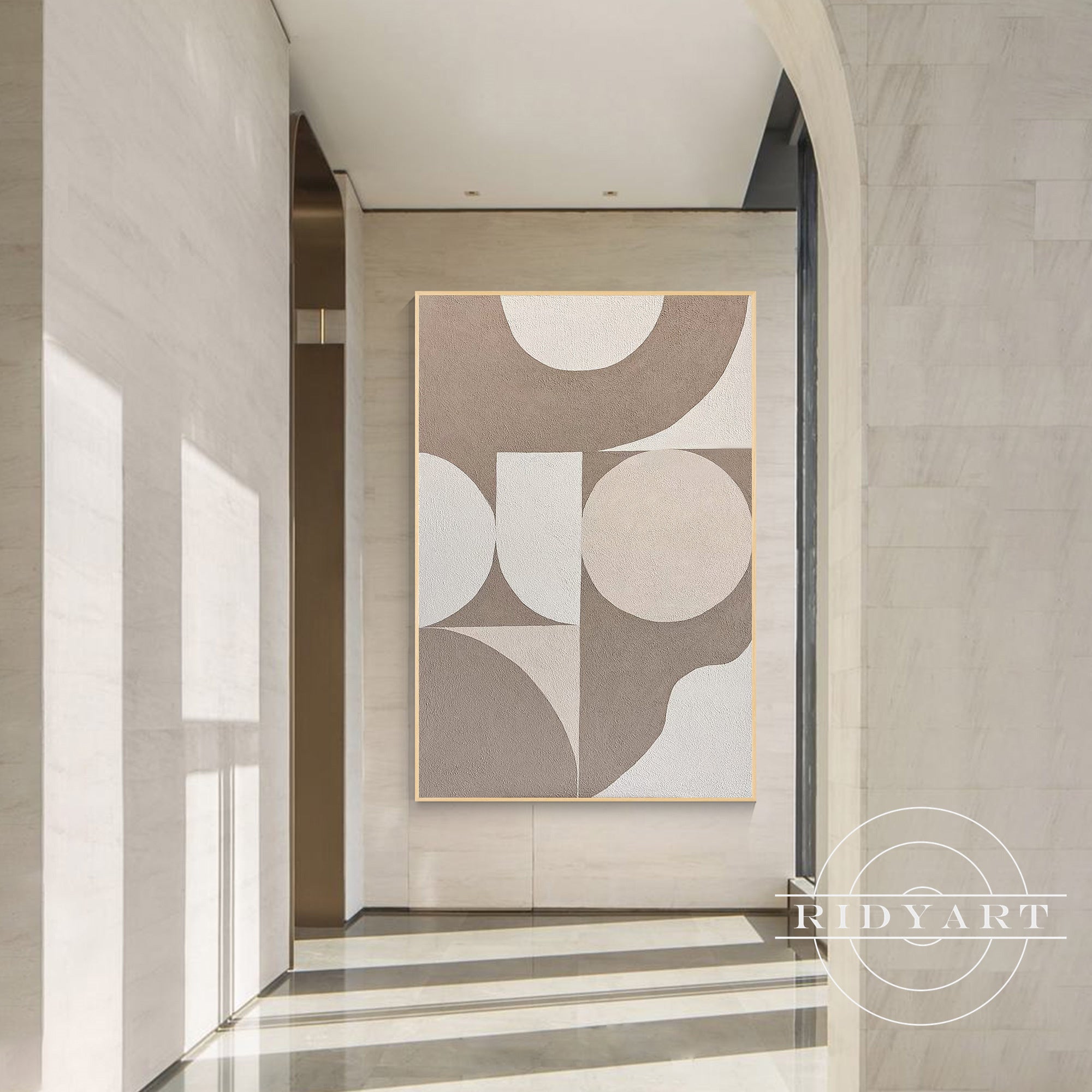 Beige geometric canvas painting with minimalist abstract shapes