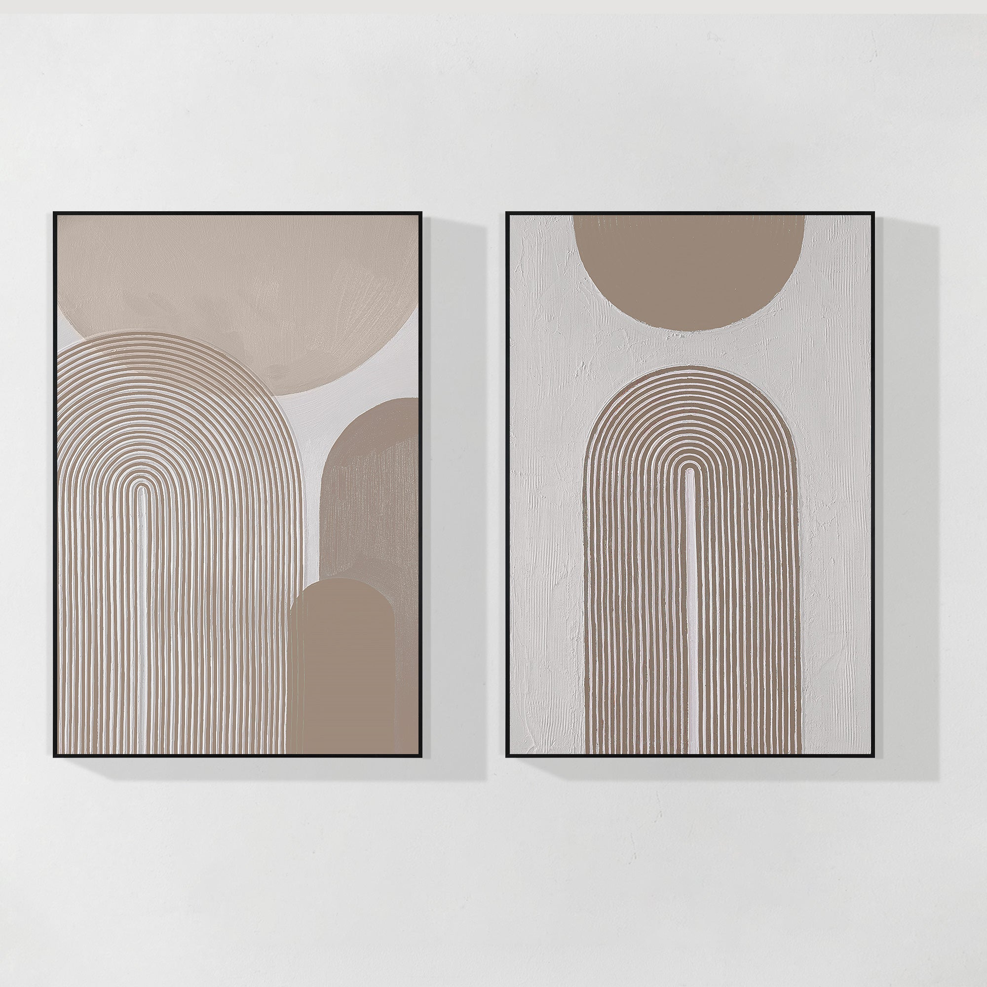 Set of 2 beige textured geometric abstract paintings