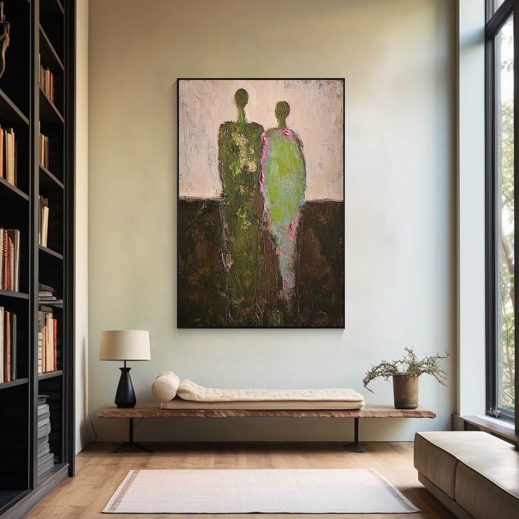 Beige and green abstract woman portrait wall decor