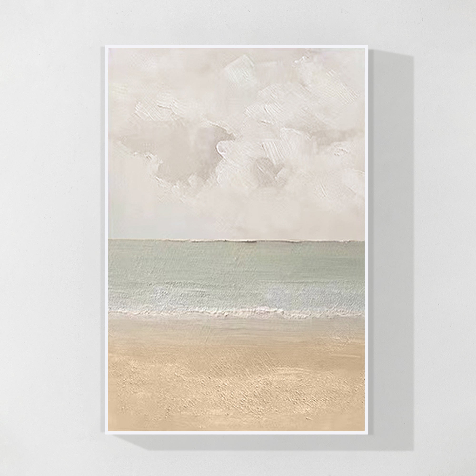 Beige and grey abstract ocean wall art with teal green accents