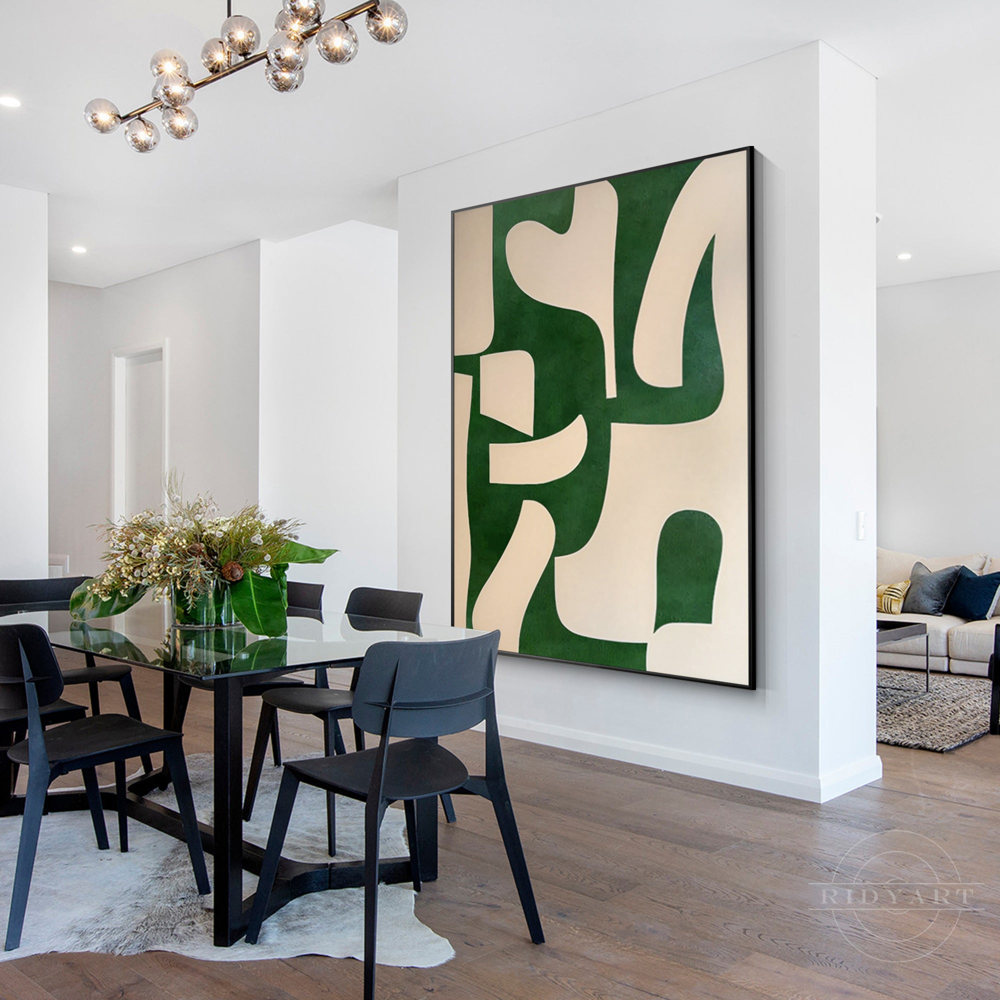 Beige and emerald green abstract painting on canvas with organic shapes. Vertical oversized minimalist wall art for modern home decor.