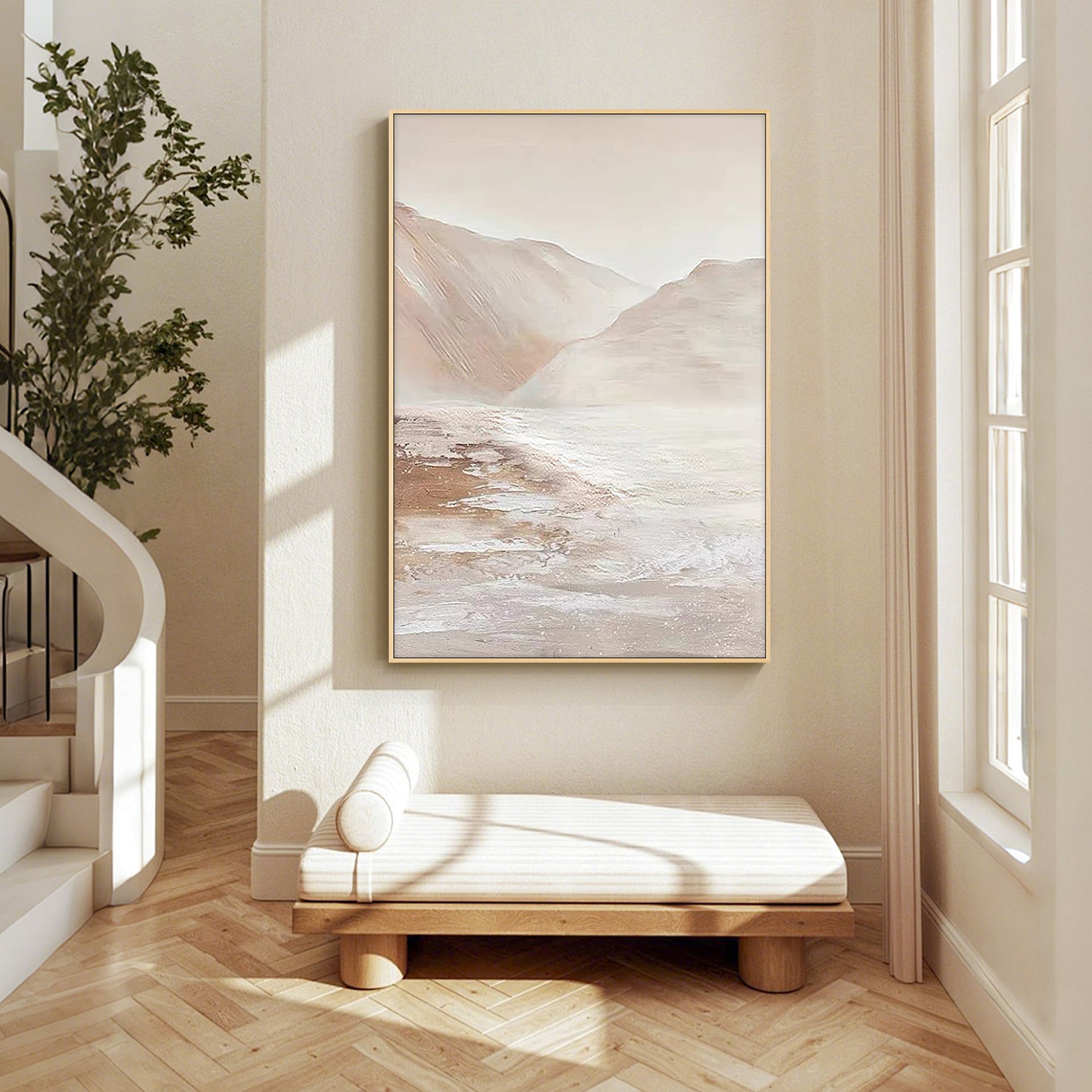 neutral beige mountain wall art painting in modern living room above sofa