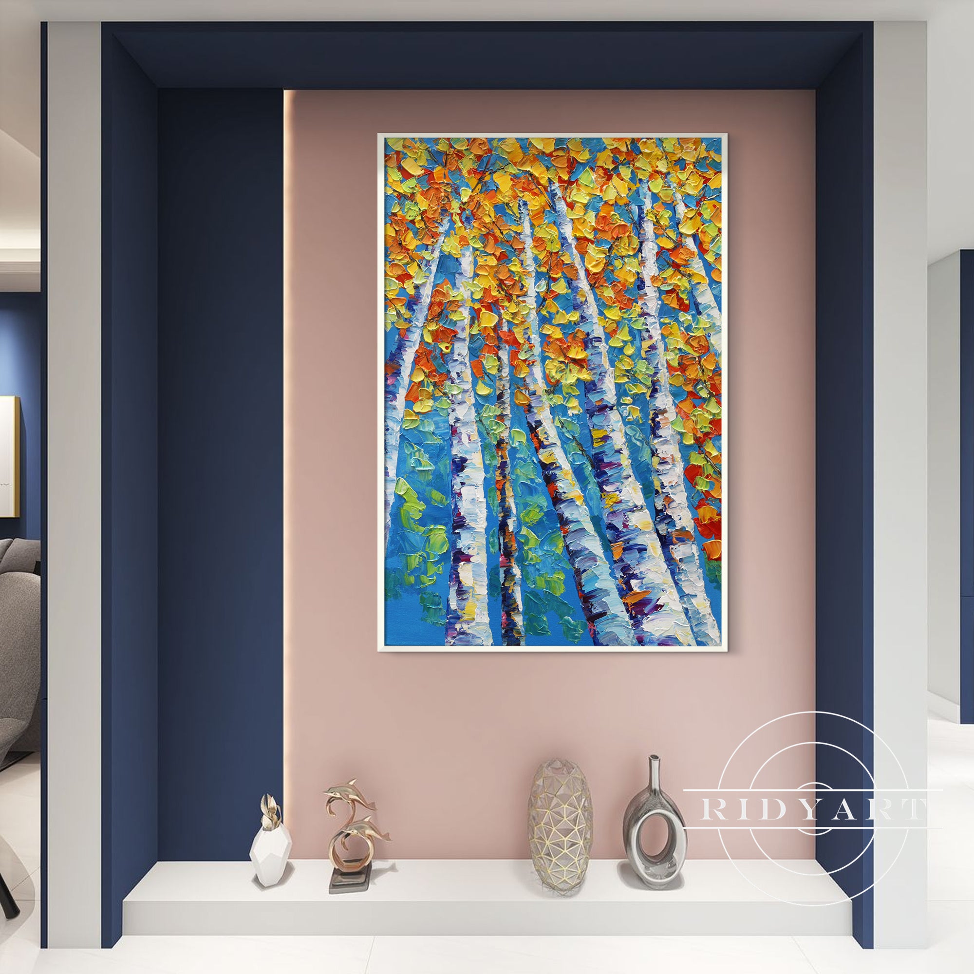 Modern birch tree artwork for living room or hallway decor