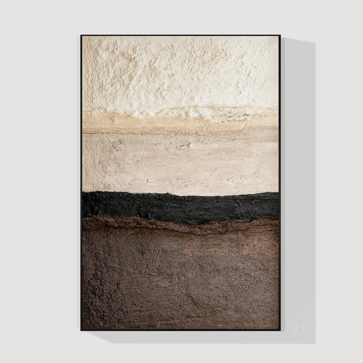 Large minimalist 3D textured canvas wall art featuring beige, cream, and dark brown impasto layers in a modern living room setup.