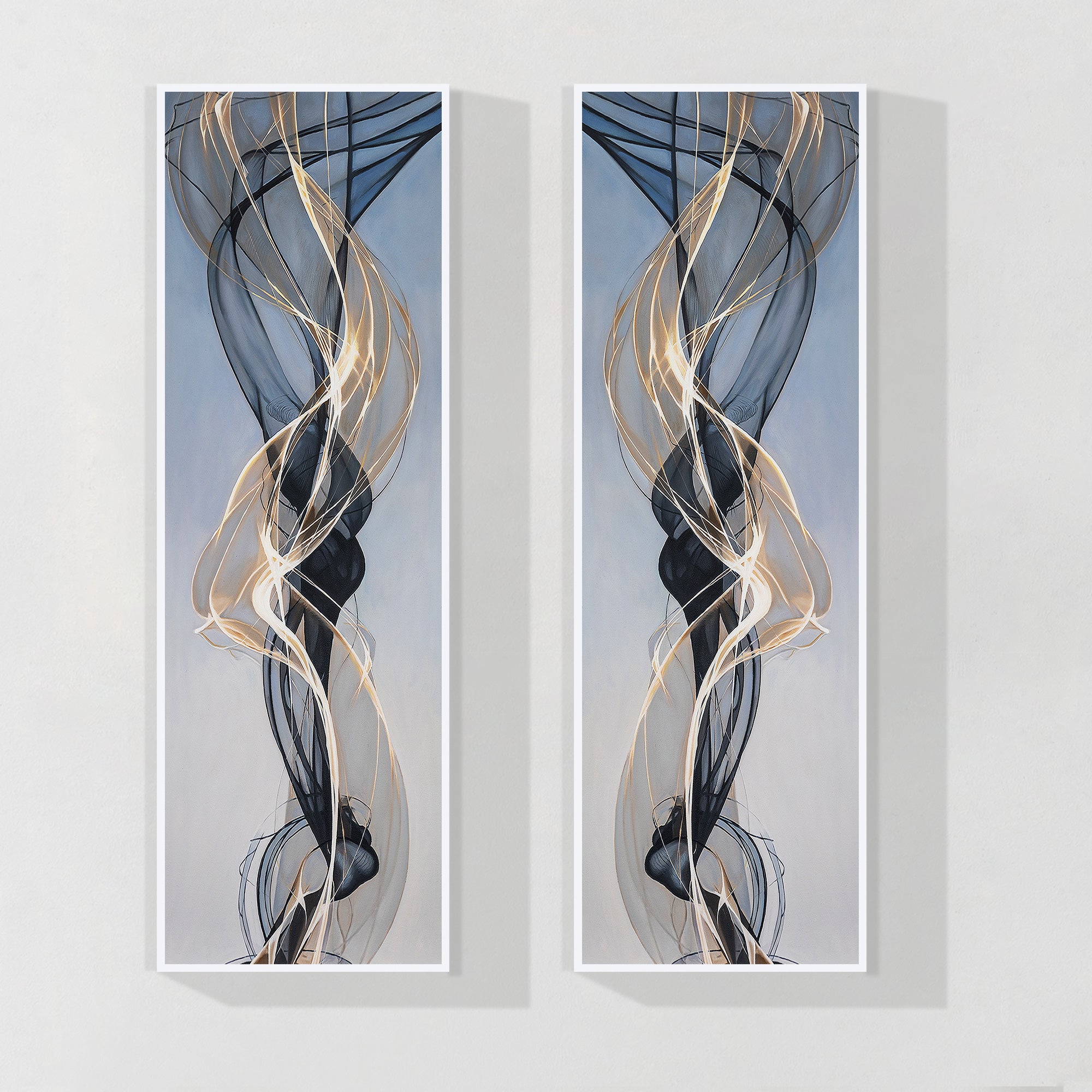 Set of 2 black gold gray abstract ribbon paintings