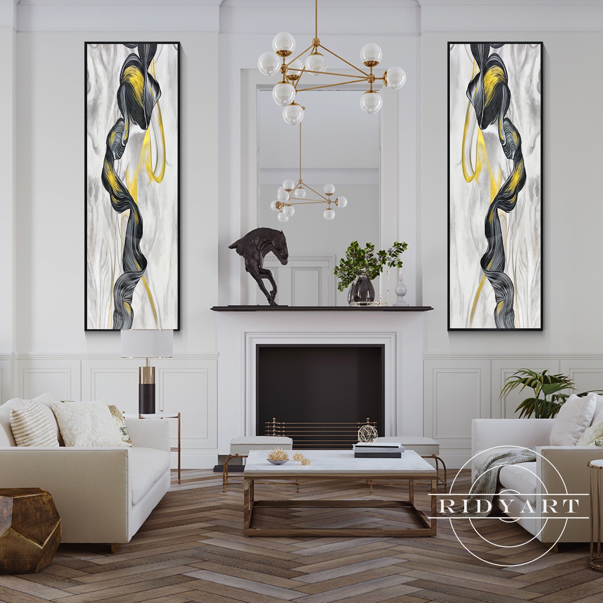 Hand-painted black gold ribbon textured artwork
