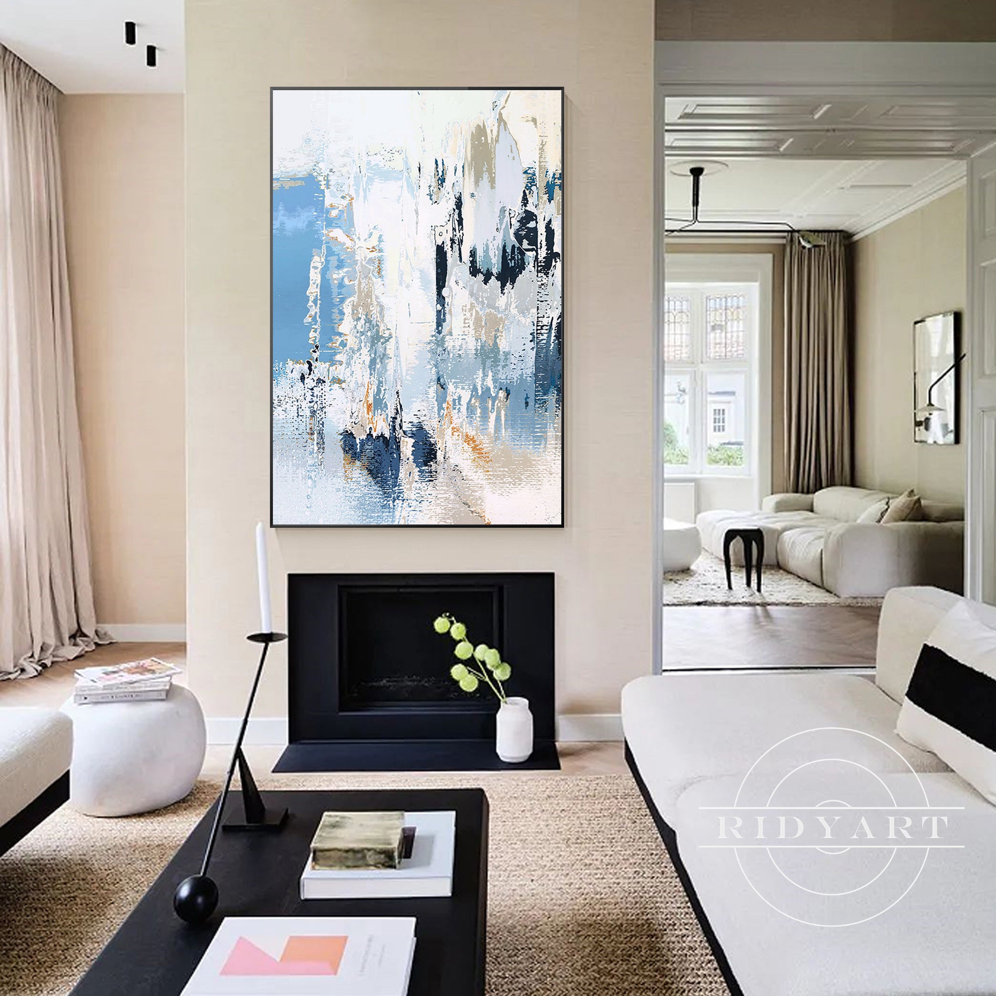 Light brown, black, and blue wall decor for living room