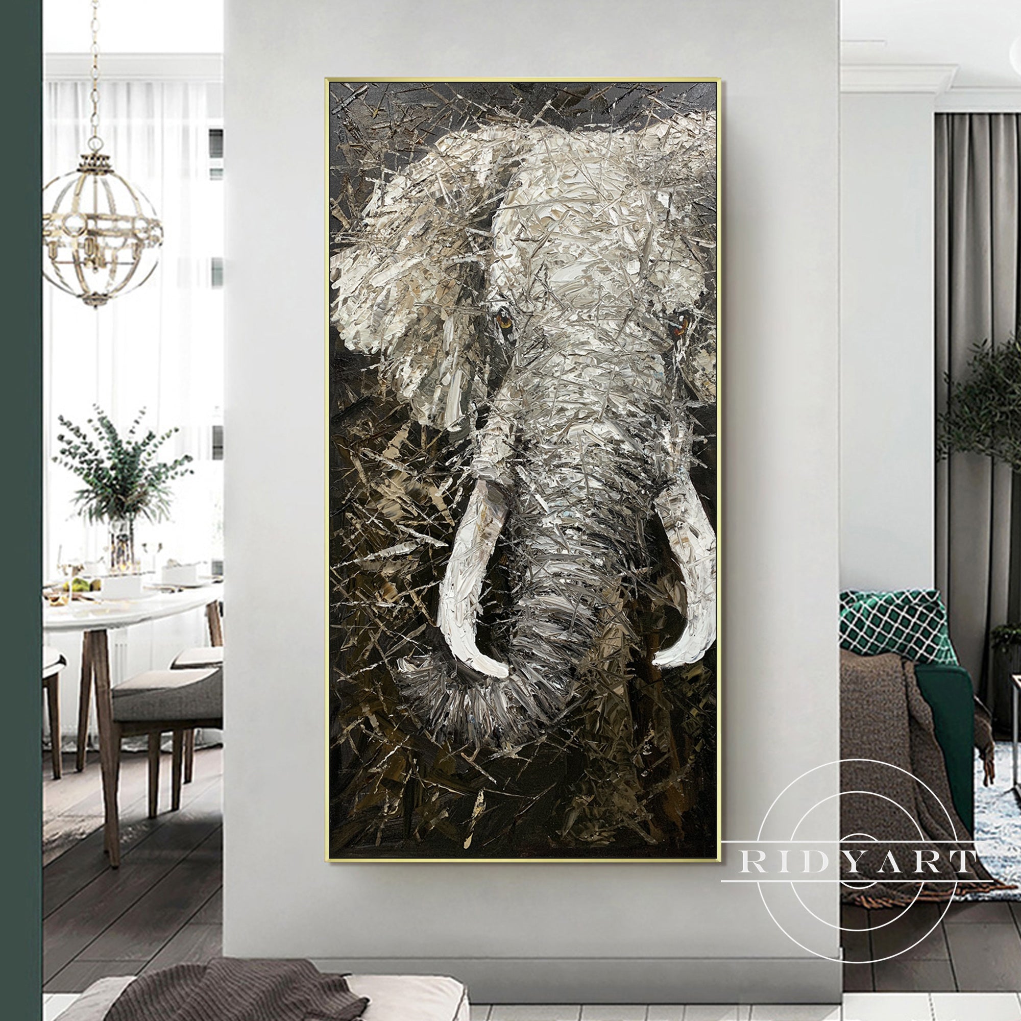 Black and white elephant canvas painting