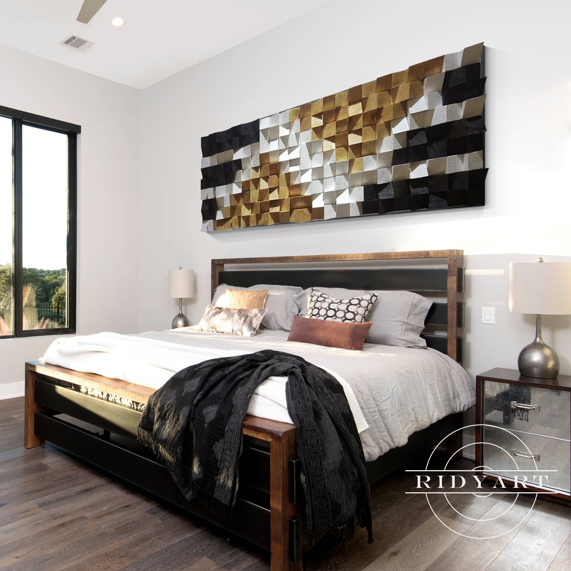 Modern wood cube sculpture painting for contemporary home decor.