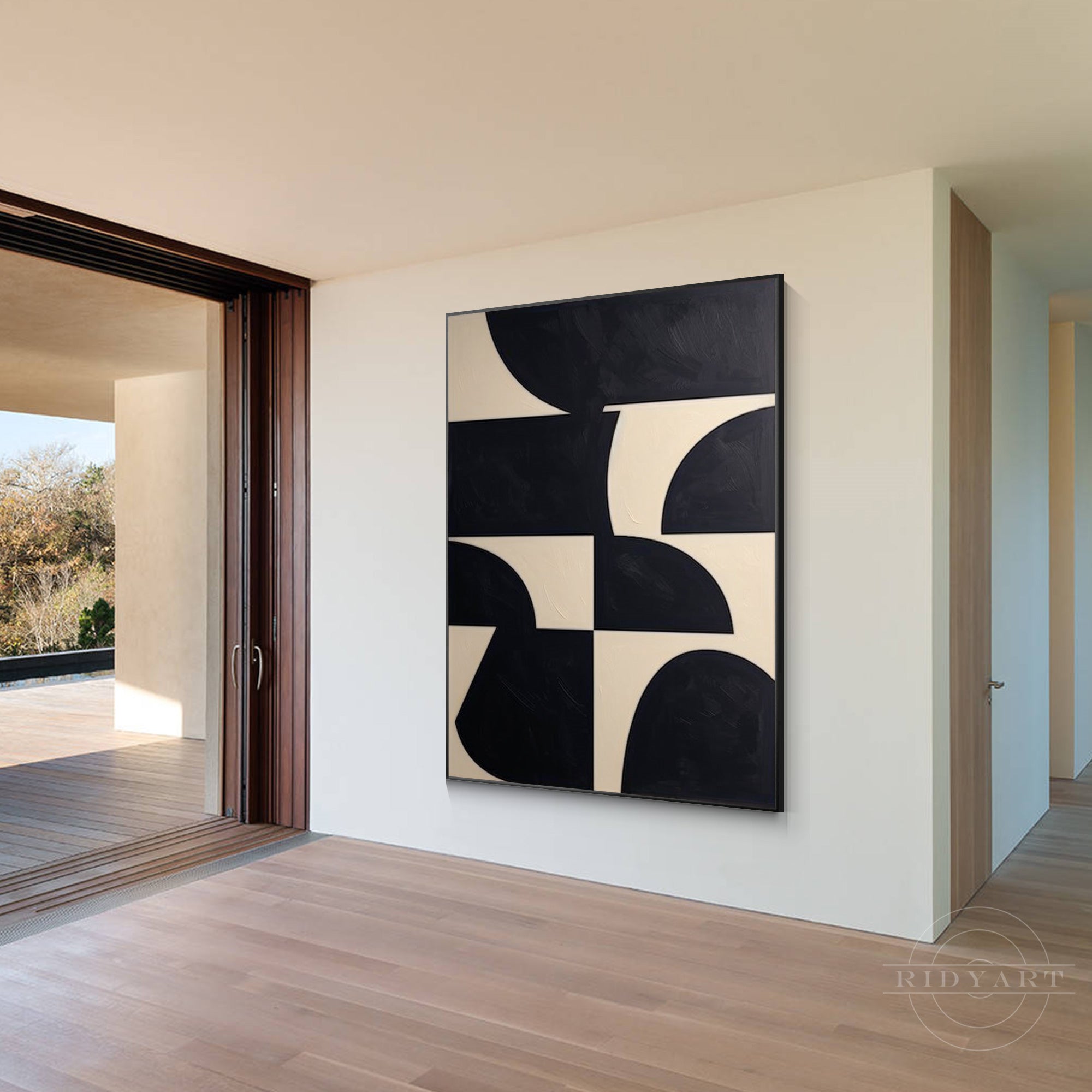 Black and beige textured geometric painting on canvas with organic shapes. Large wall art for industrial and minimalist home decor.