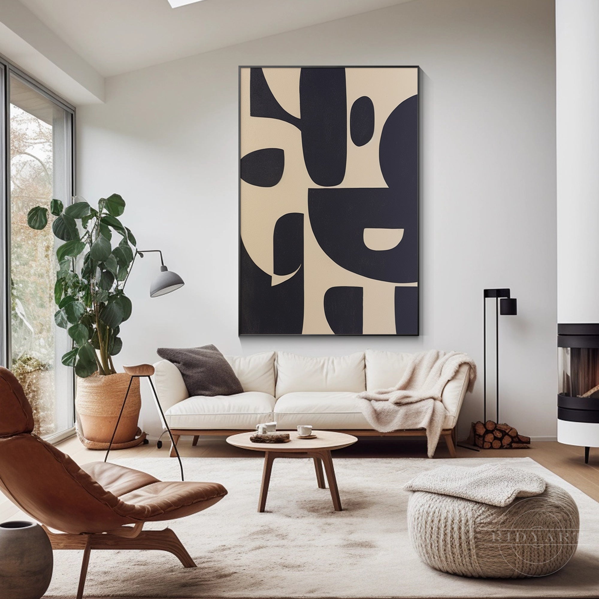 Black and beige geometric texture art painting on canvas with organic shapes. Extra-large wall art for industrial and minimalist home decor.