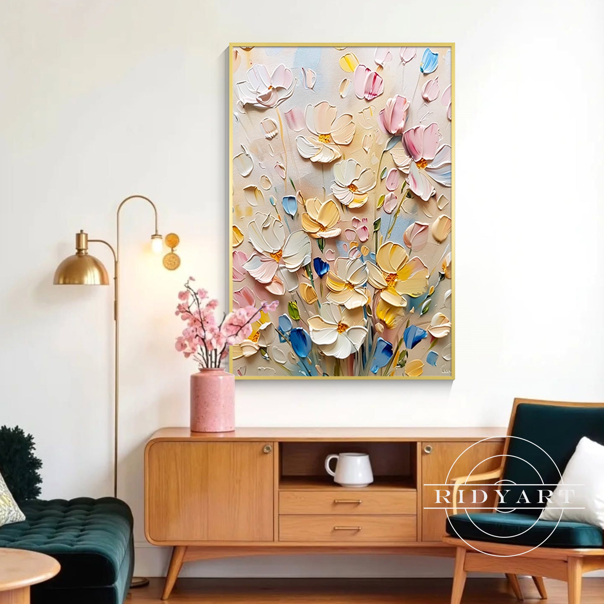 Soft pink and yellow floral art for bedroom or hallway