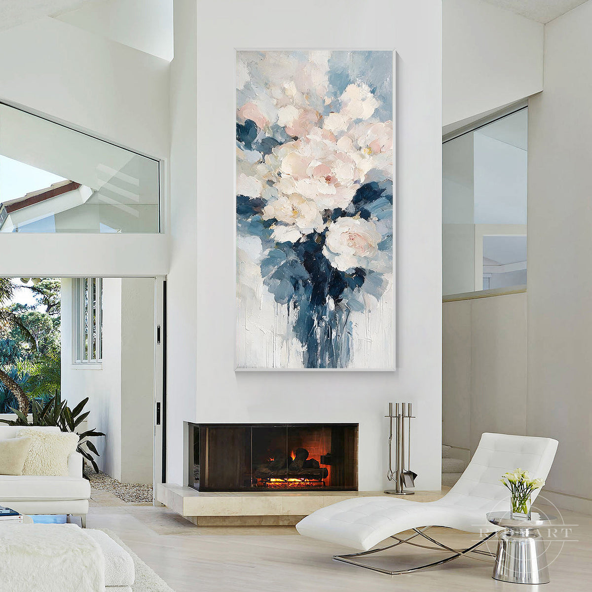 Custom hand-painted textured botanical wall decor showcasing dynamic brushwork and elegant floral arrangement.
