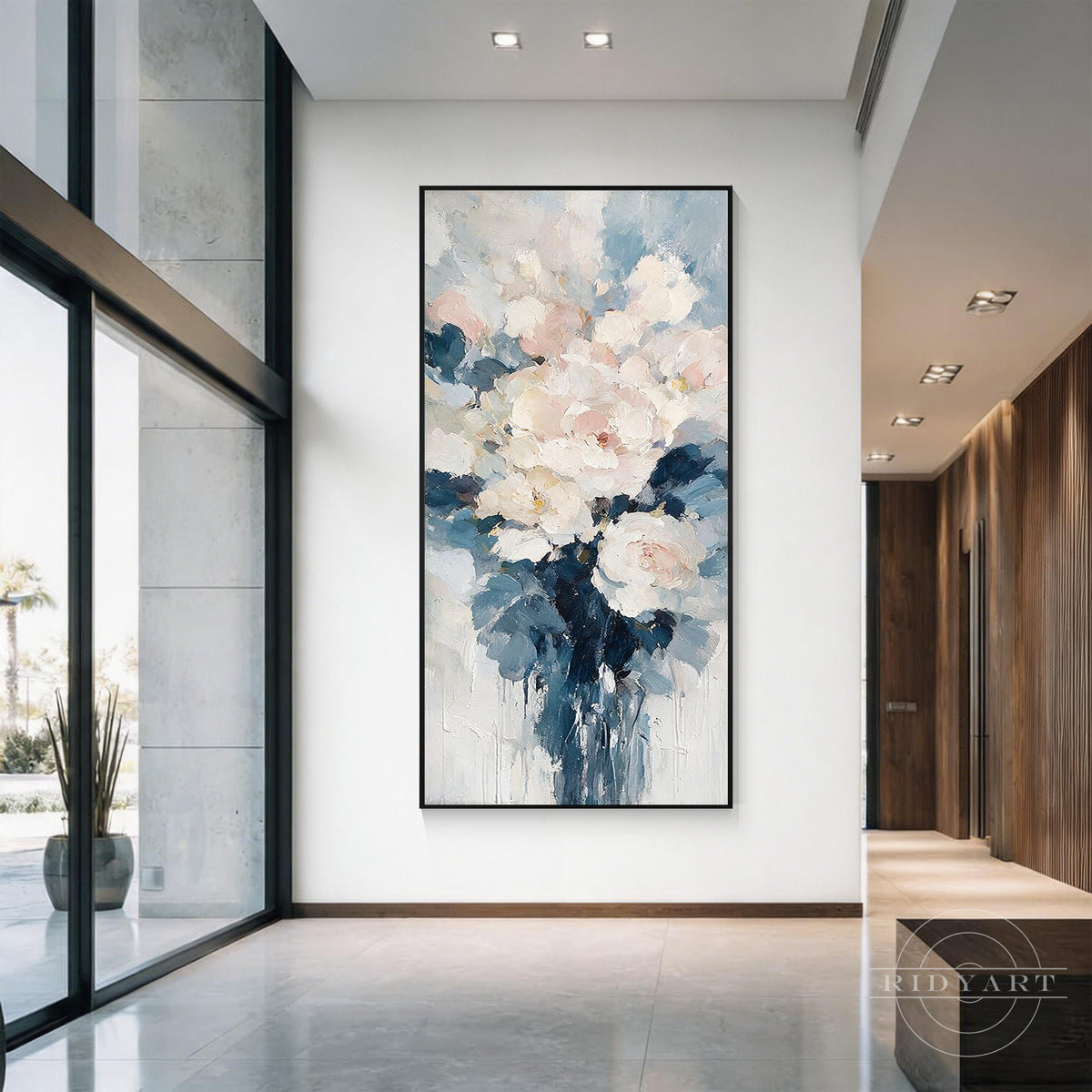 Hand-painted blue and white floral textured oil painting on canvas hanging in a modern hallway.