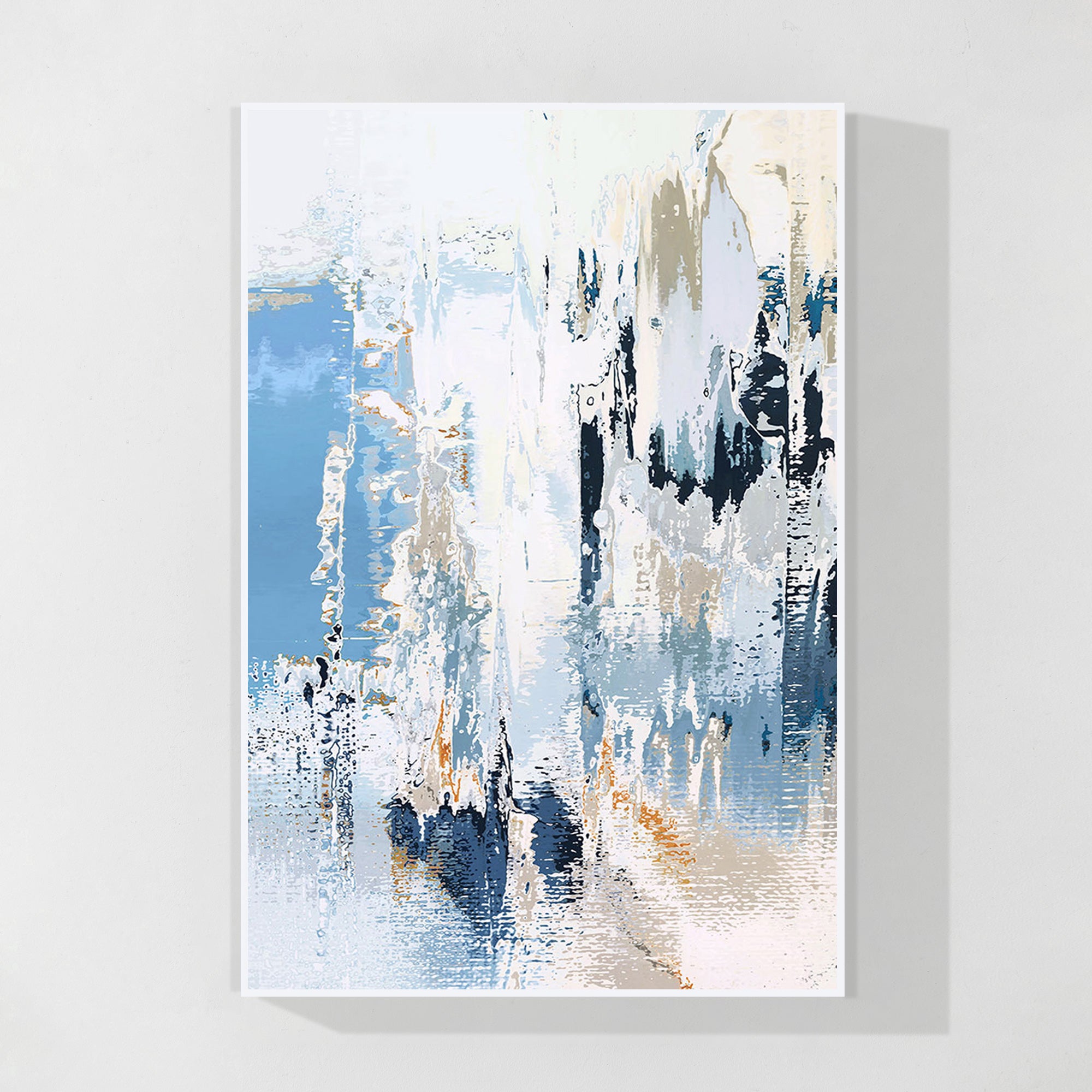 Blue and beige abstract wall art with gray and black accents