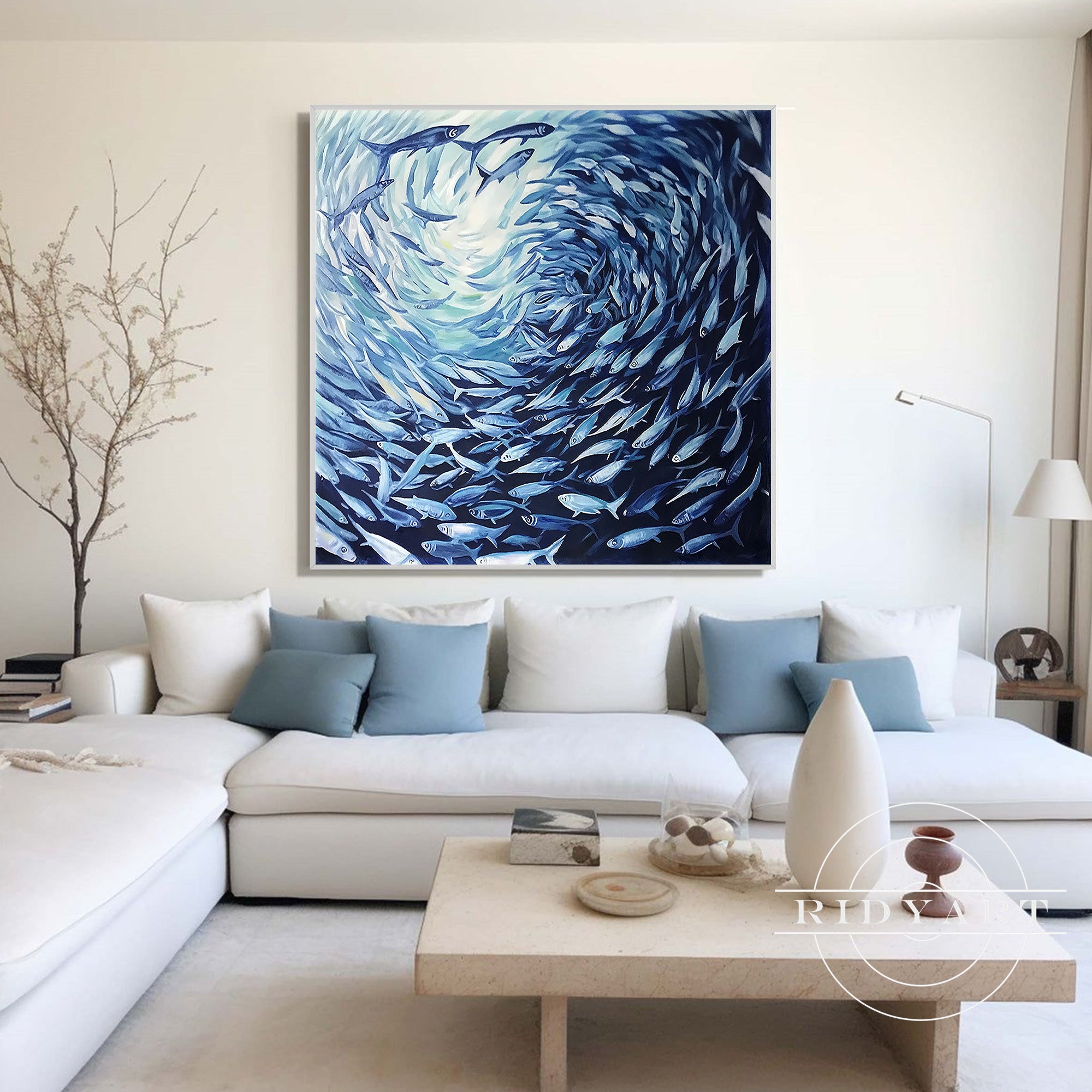 Textured canvas painting of abstract marine life