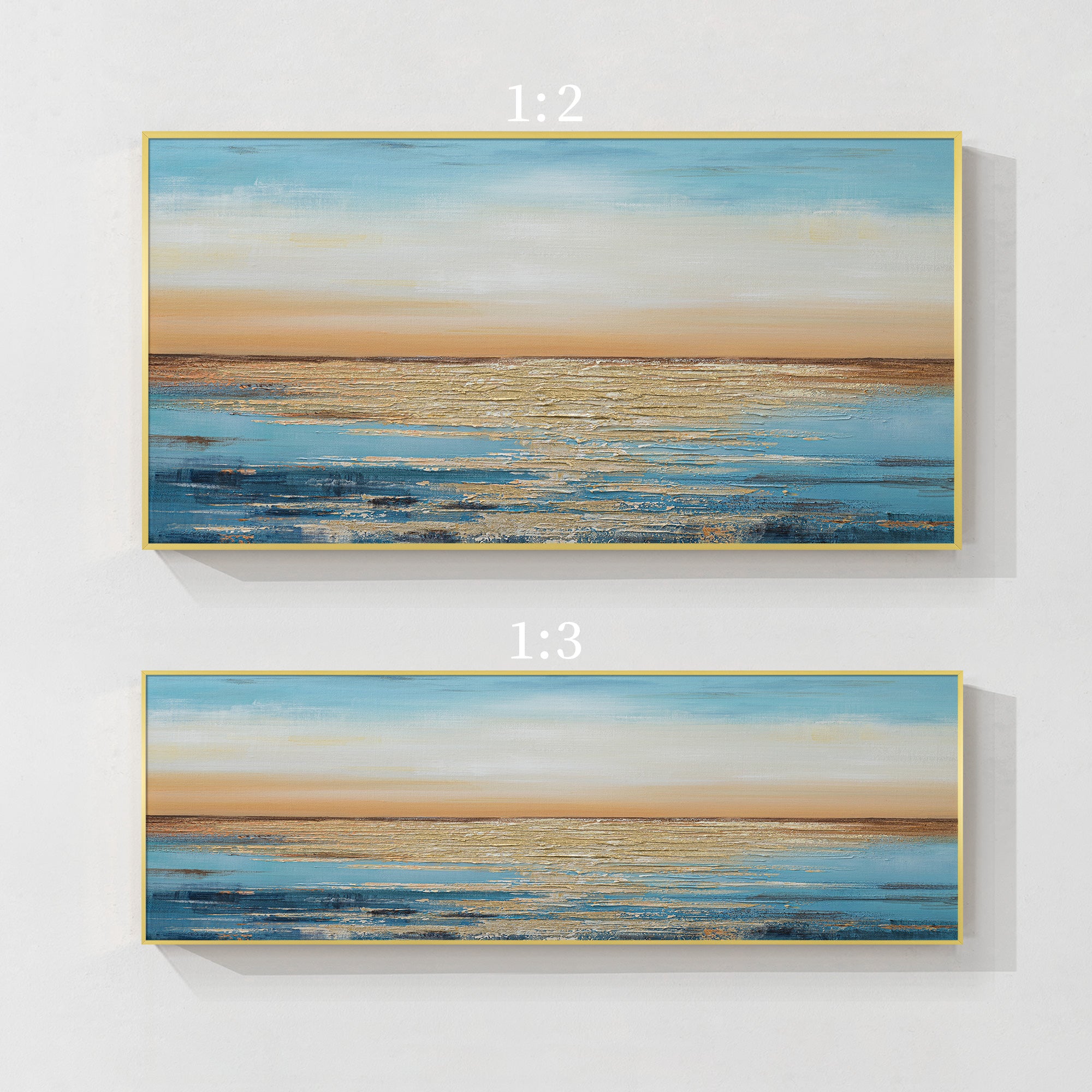 Blue and gold abstract ocean painting with 3D texture for living room.