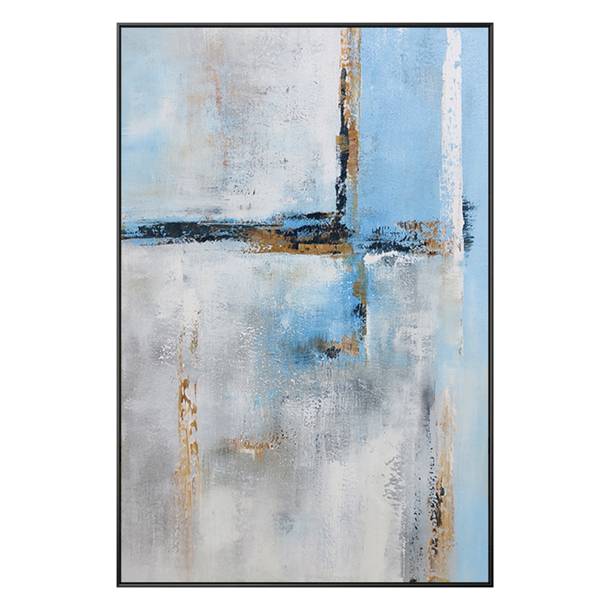 Blue and gray abstract canvas wall art with gold details
