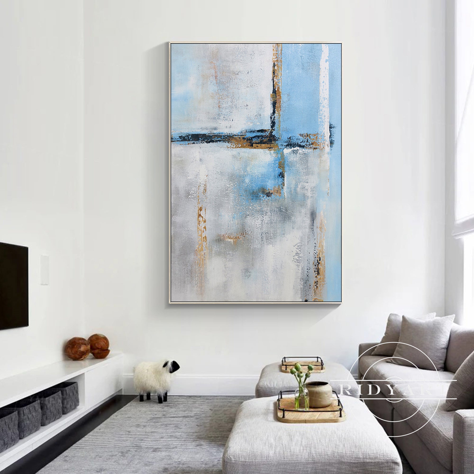 Contemporary blue and gray canvas art with texture