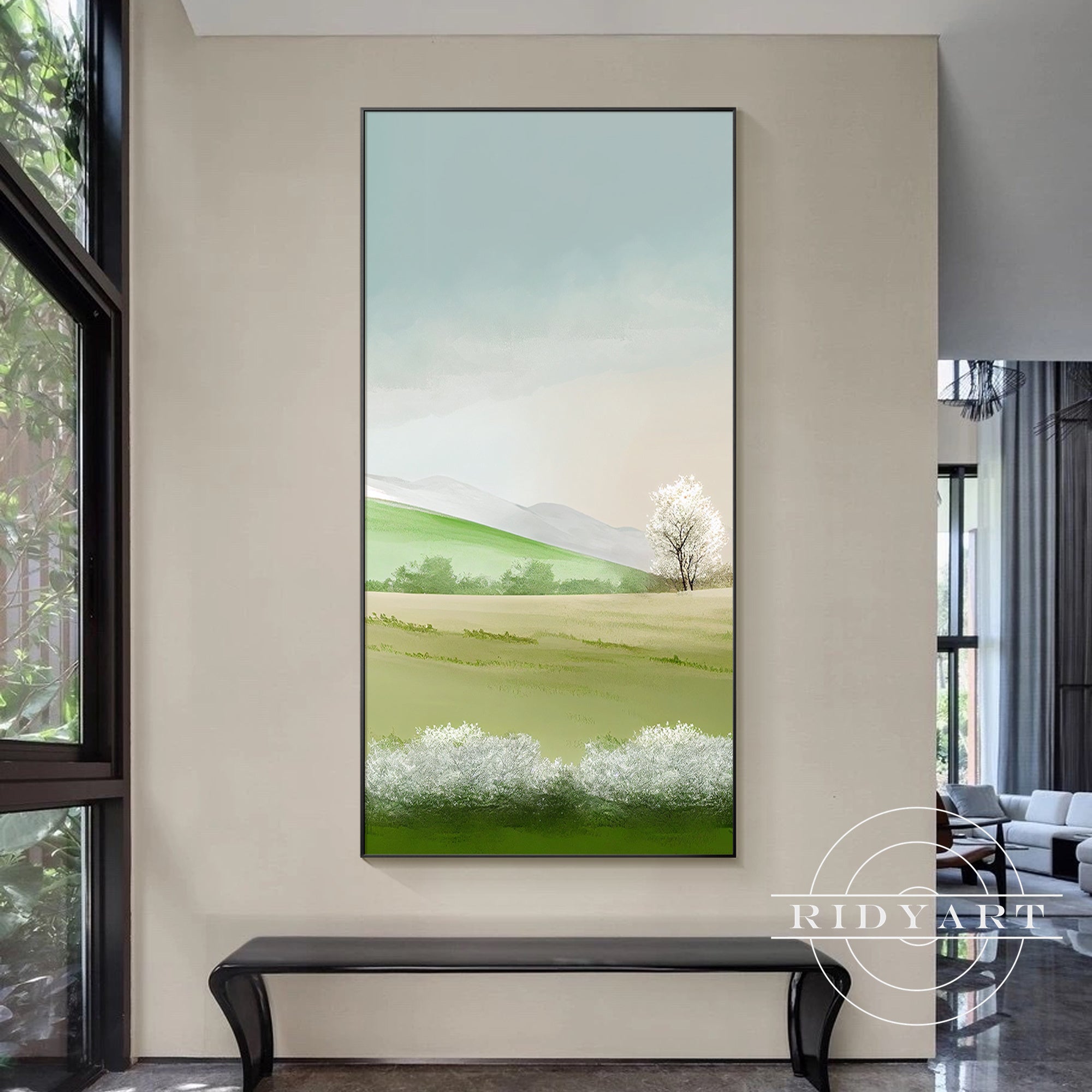Blue and green grassland landscape painting