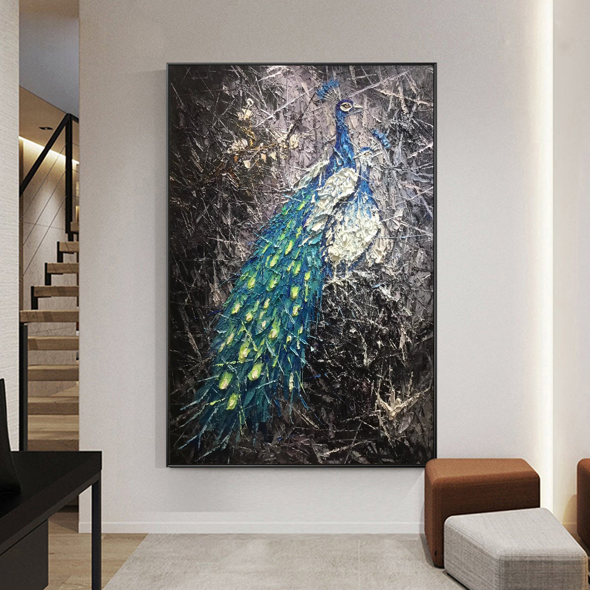 Blue and green 3D textured peacock wall art