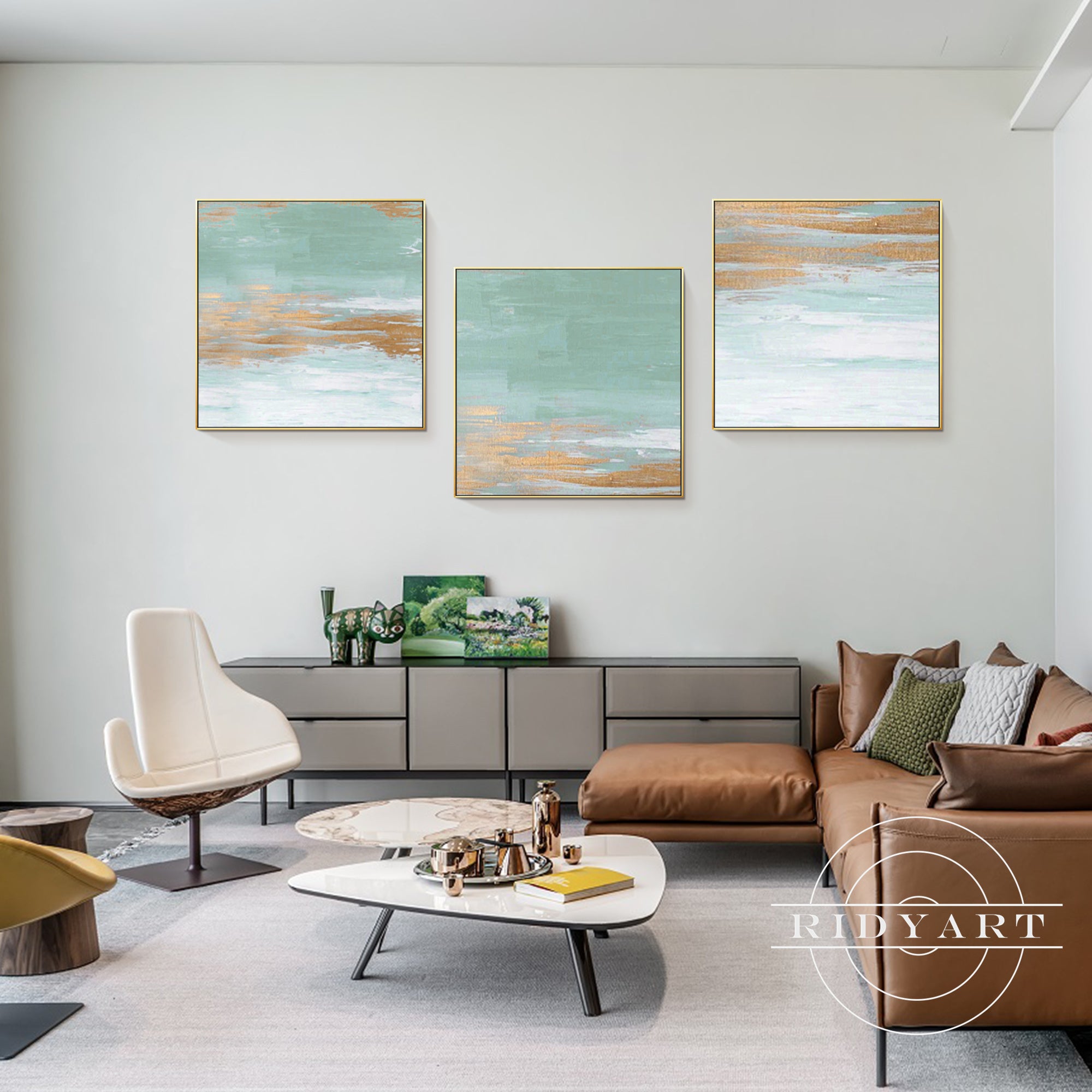 Triptych ocean wave painting with gold textured beach