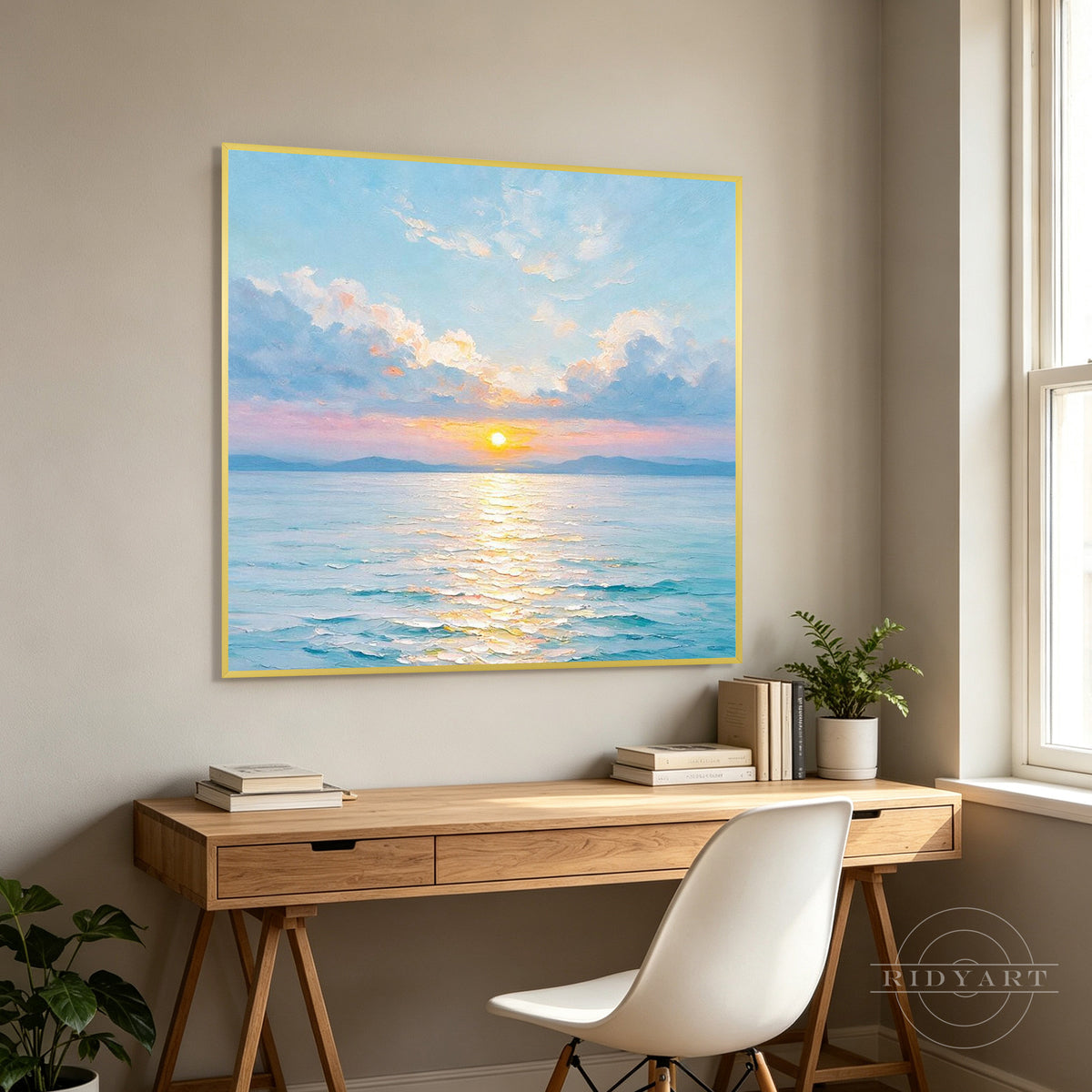 Square blue seascape painting with expressive brushstrokes, a warm sunset, and a peaceful horizon.