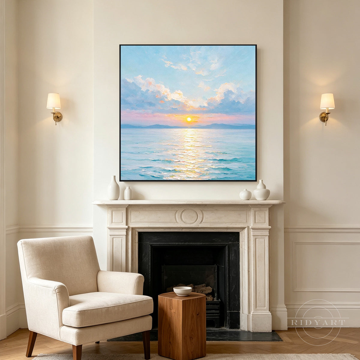 Textured blue sunset canvas wall decor with golden reflections and soft pastel clouds.