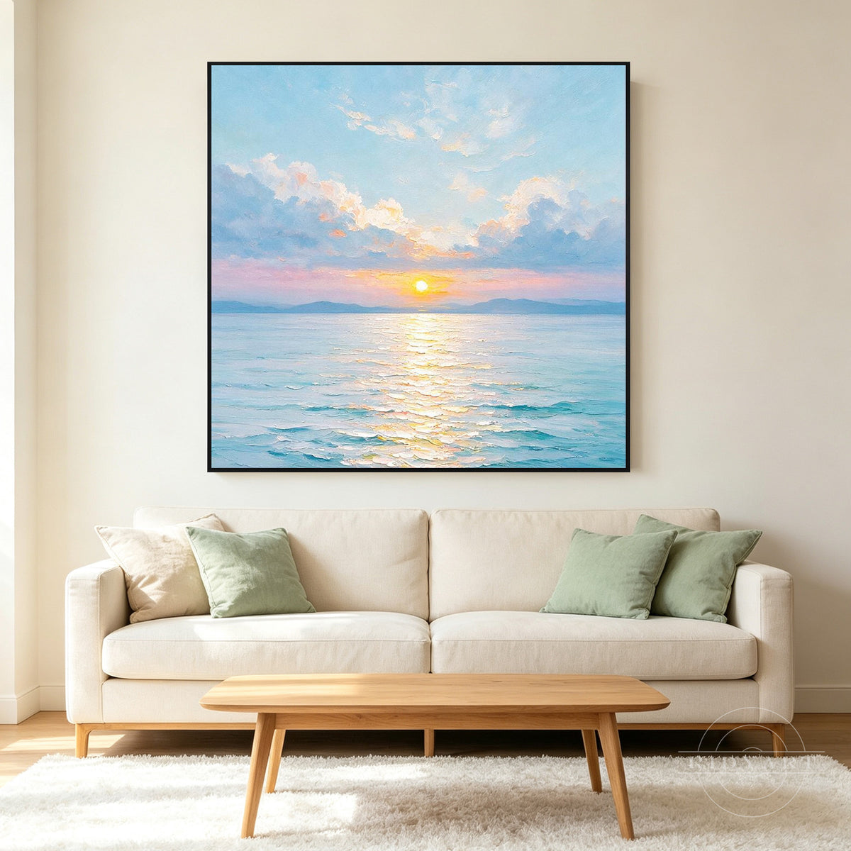 Modern sunset ocean artwork displayed above a neutral sofa in a bright, minimalist living room.
