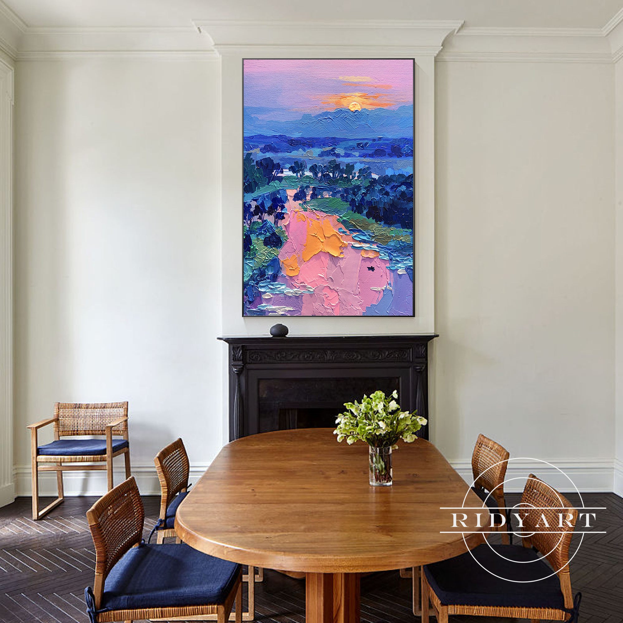Blue and pink abstract forest wall decor with sunrise scene.