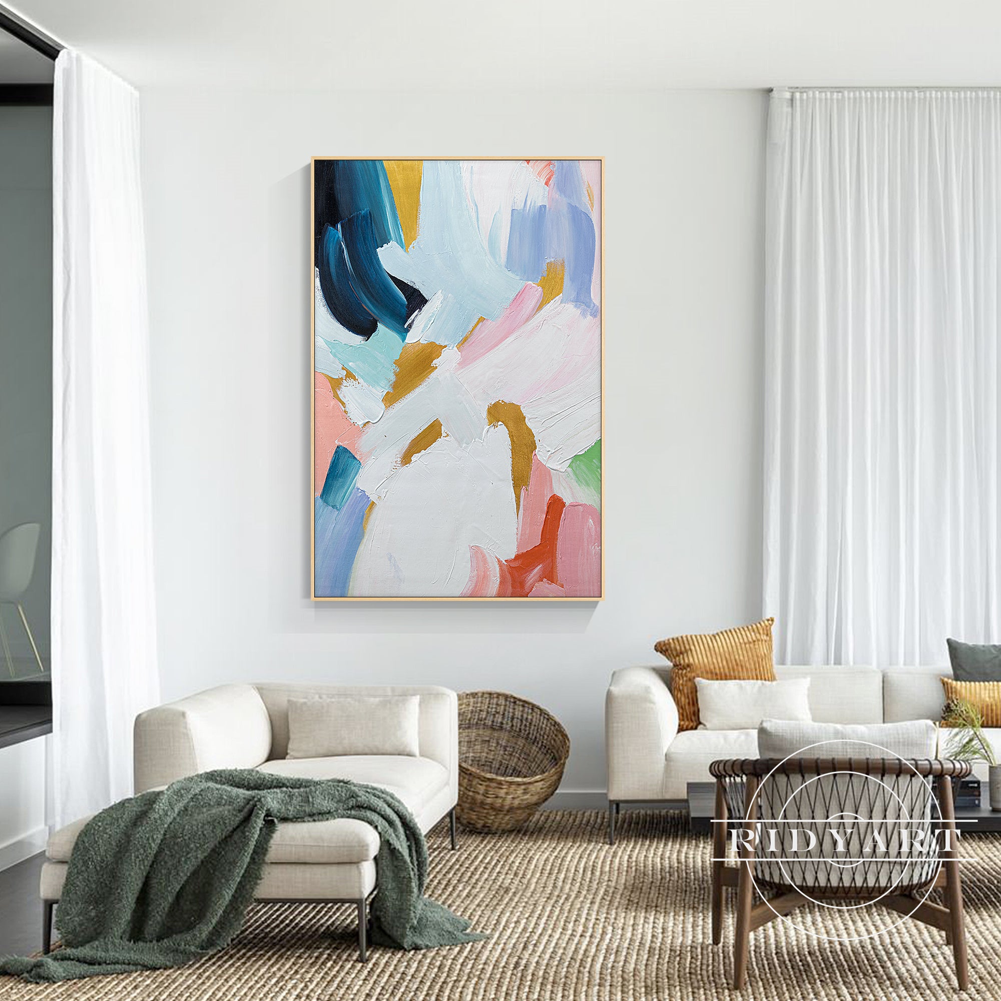 Blue and pink pastel abstract wall art for contemporary living rooms.