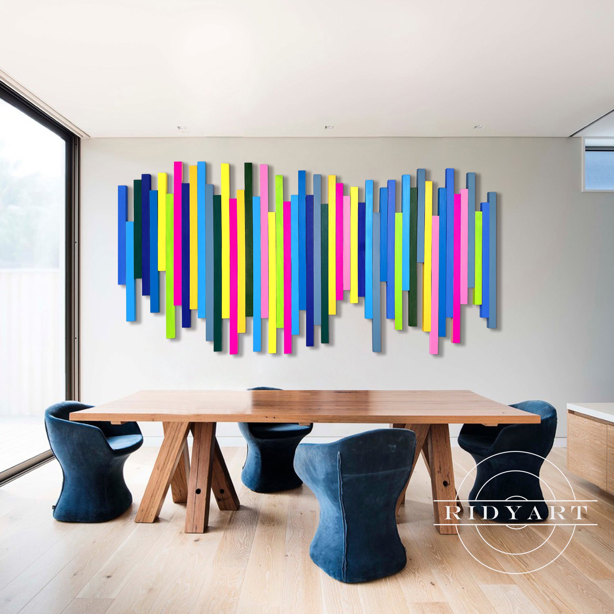 Blue rainbow wood slat wall art abstract sound wave