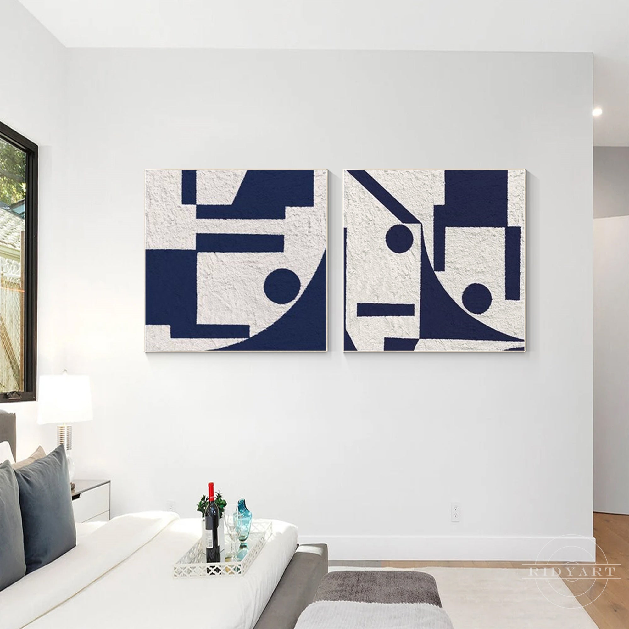 Set of 2 abstract blue and white textured paintings