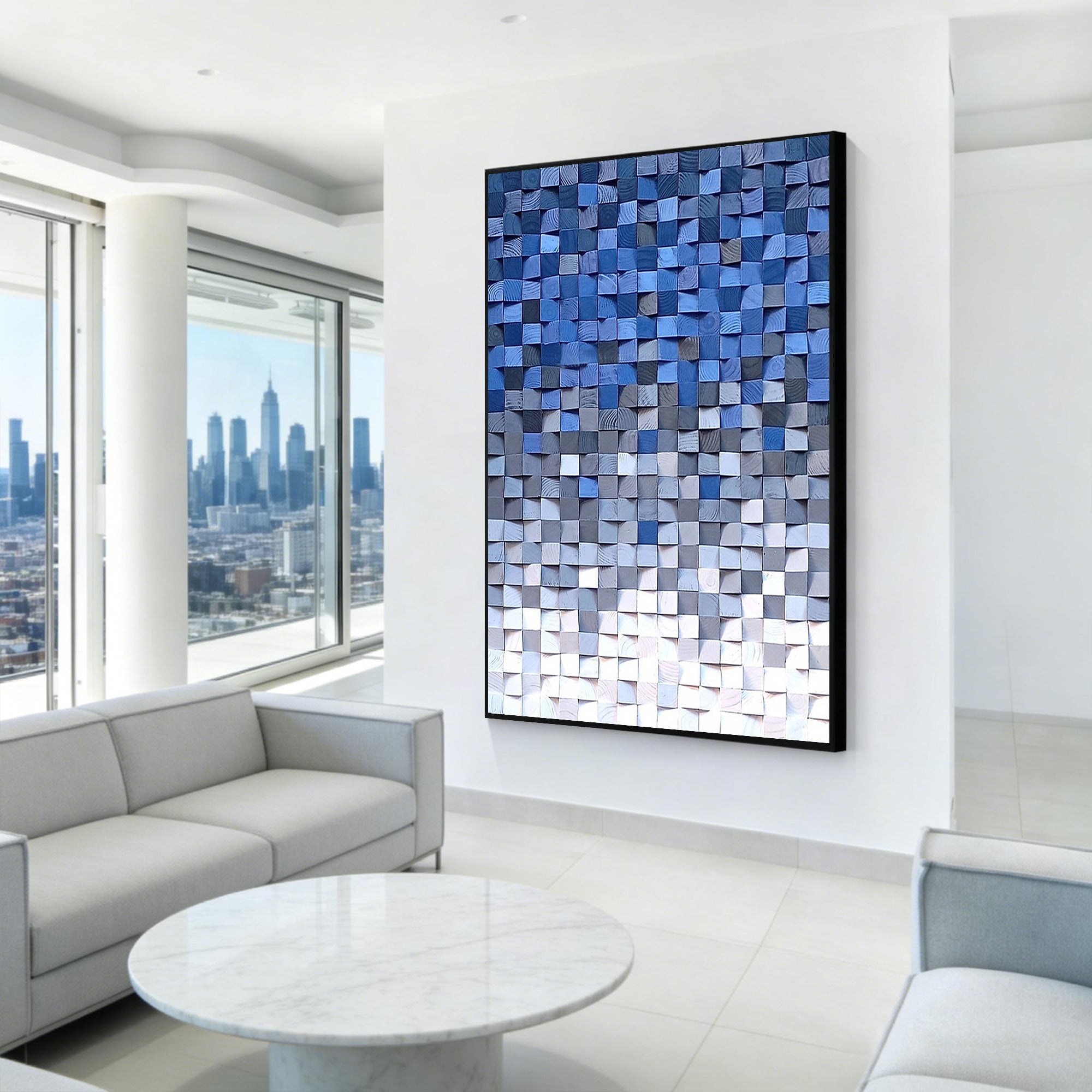 blue gray reclaimed wood mosaic wall art geometric panel