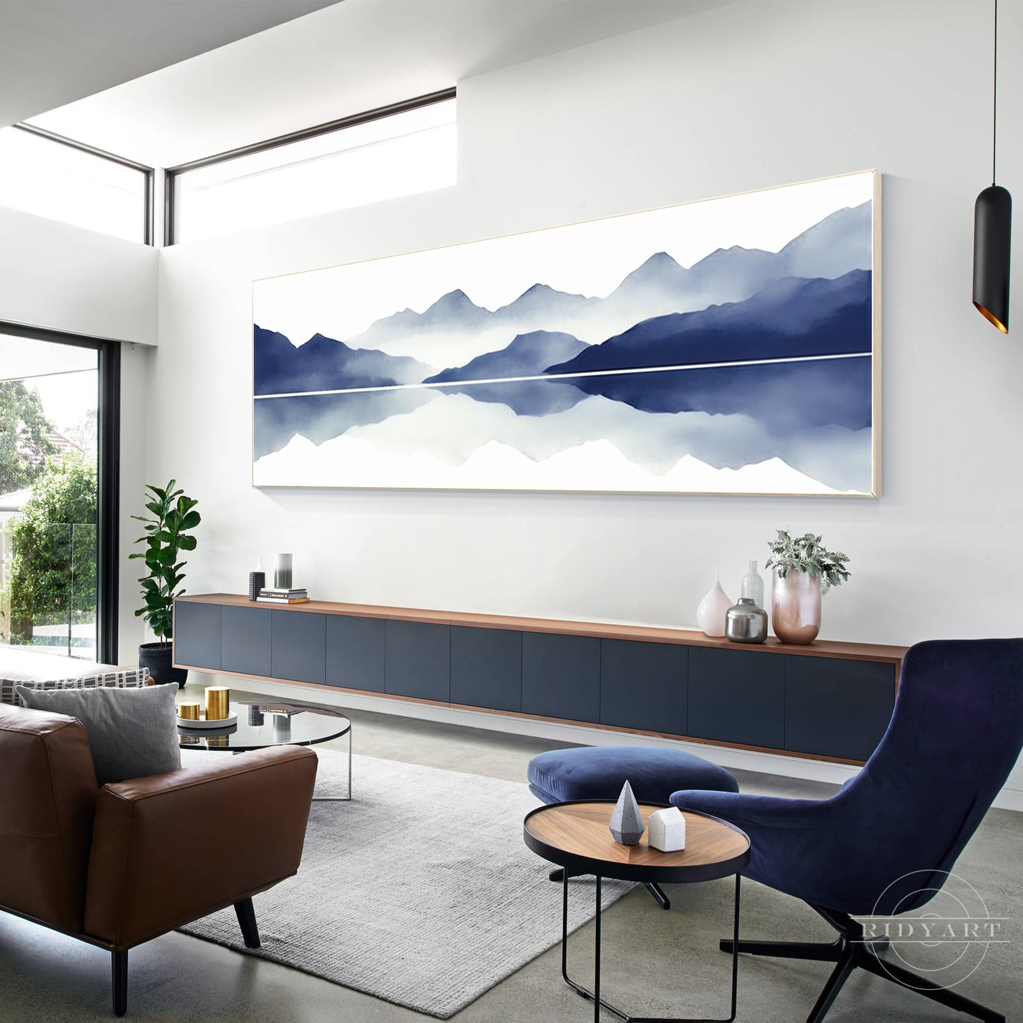 Blue mountain painting on canvas for horizontal wall decor.