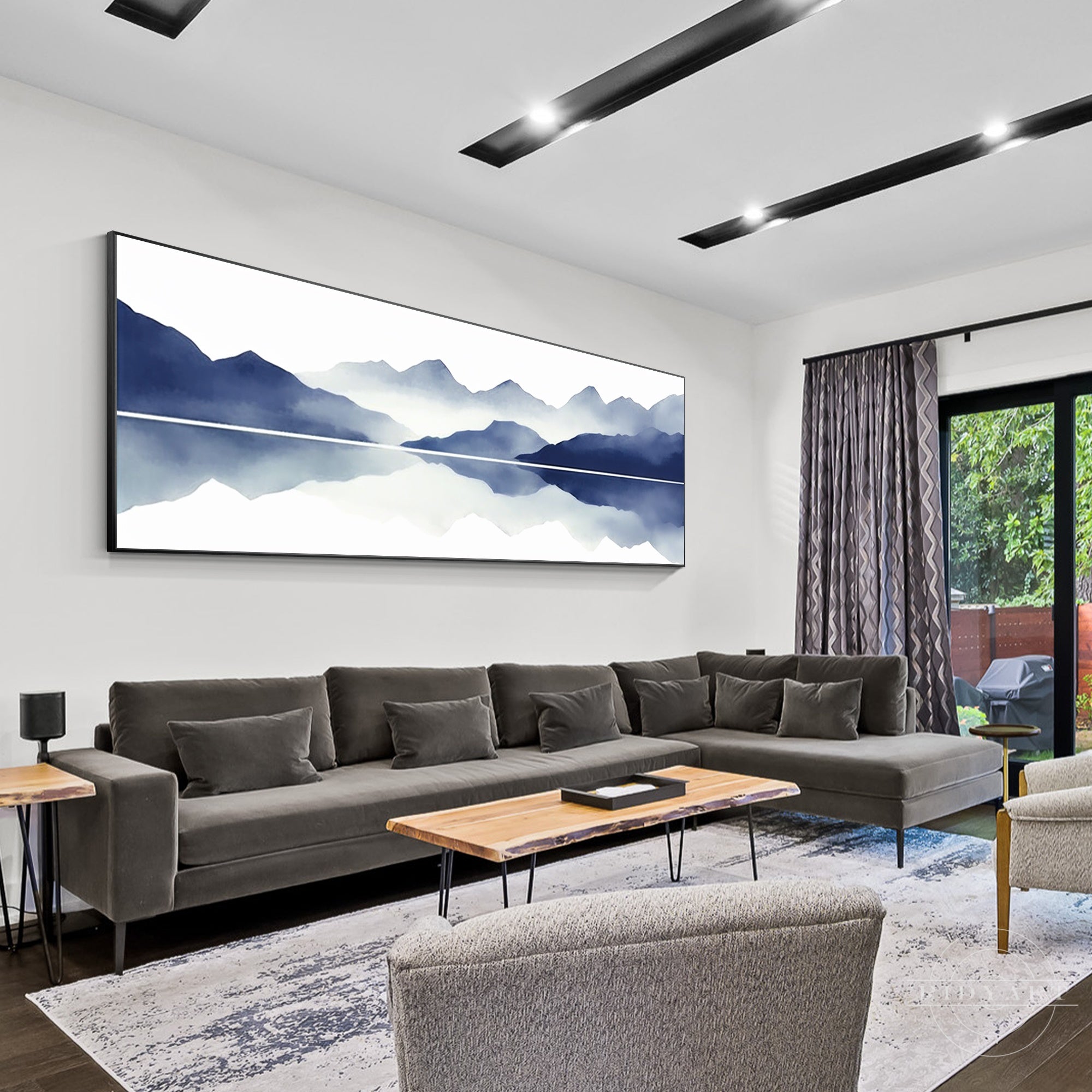 Blue mountain painting on canvas for horizontal wall decor.