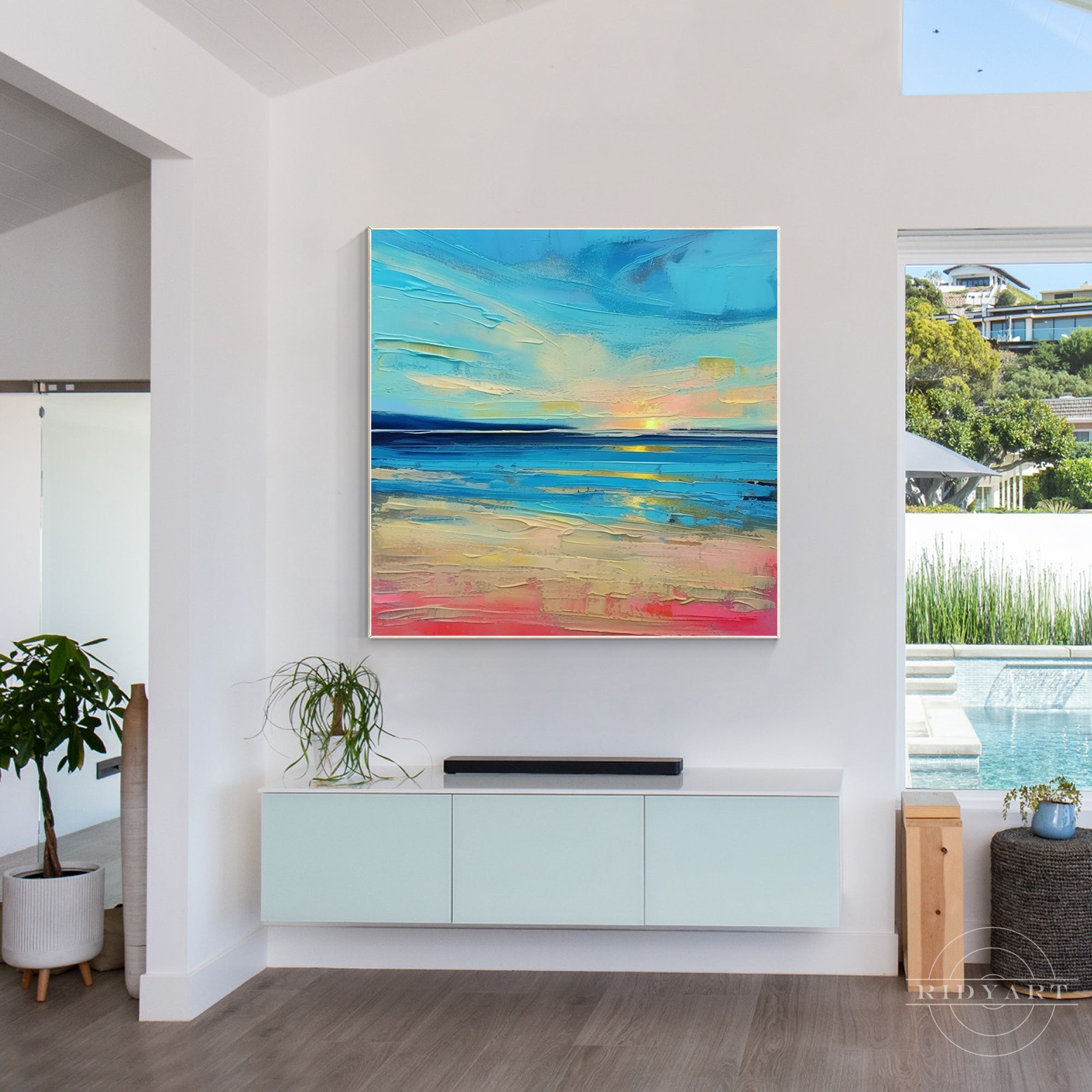 Blue seascape sunrise painting with textured waves.